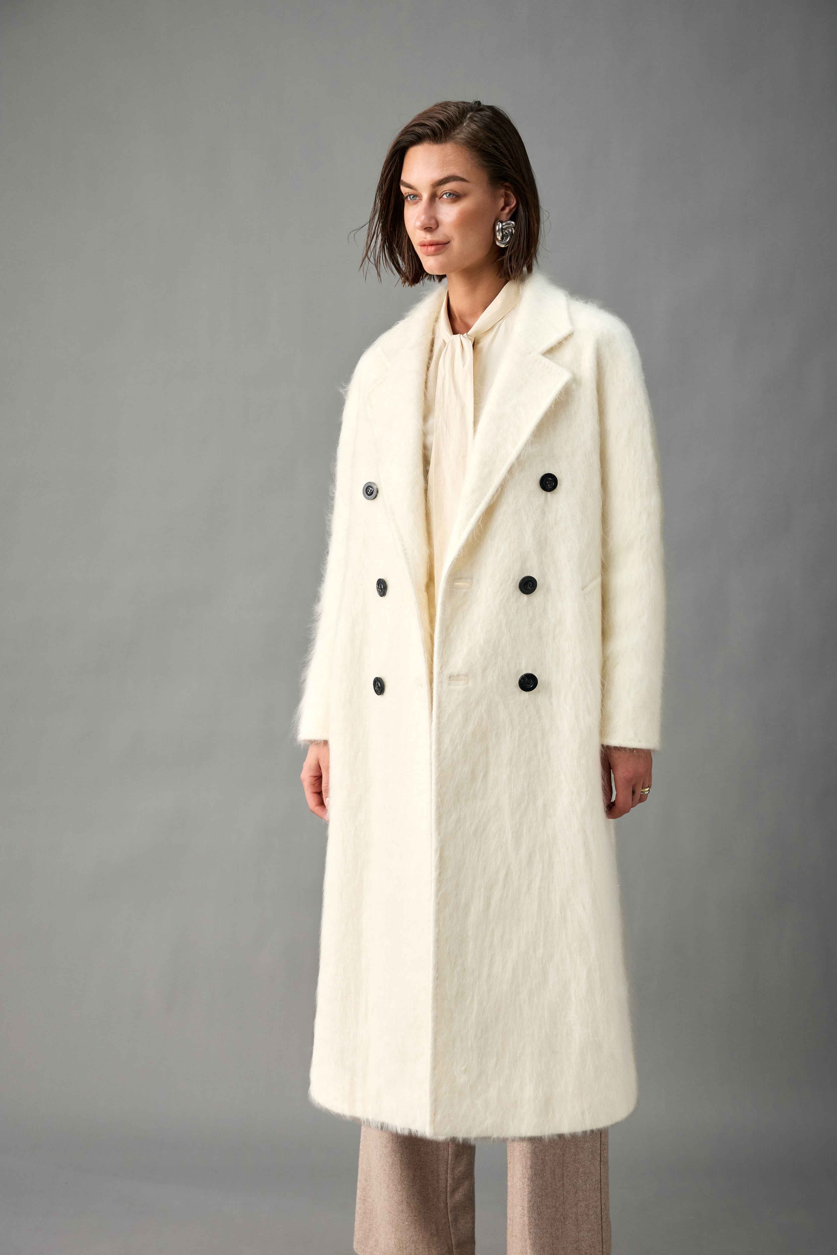 Evelluna Double-Breasted Brushed 100% Cashmere Long Coat