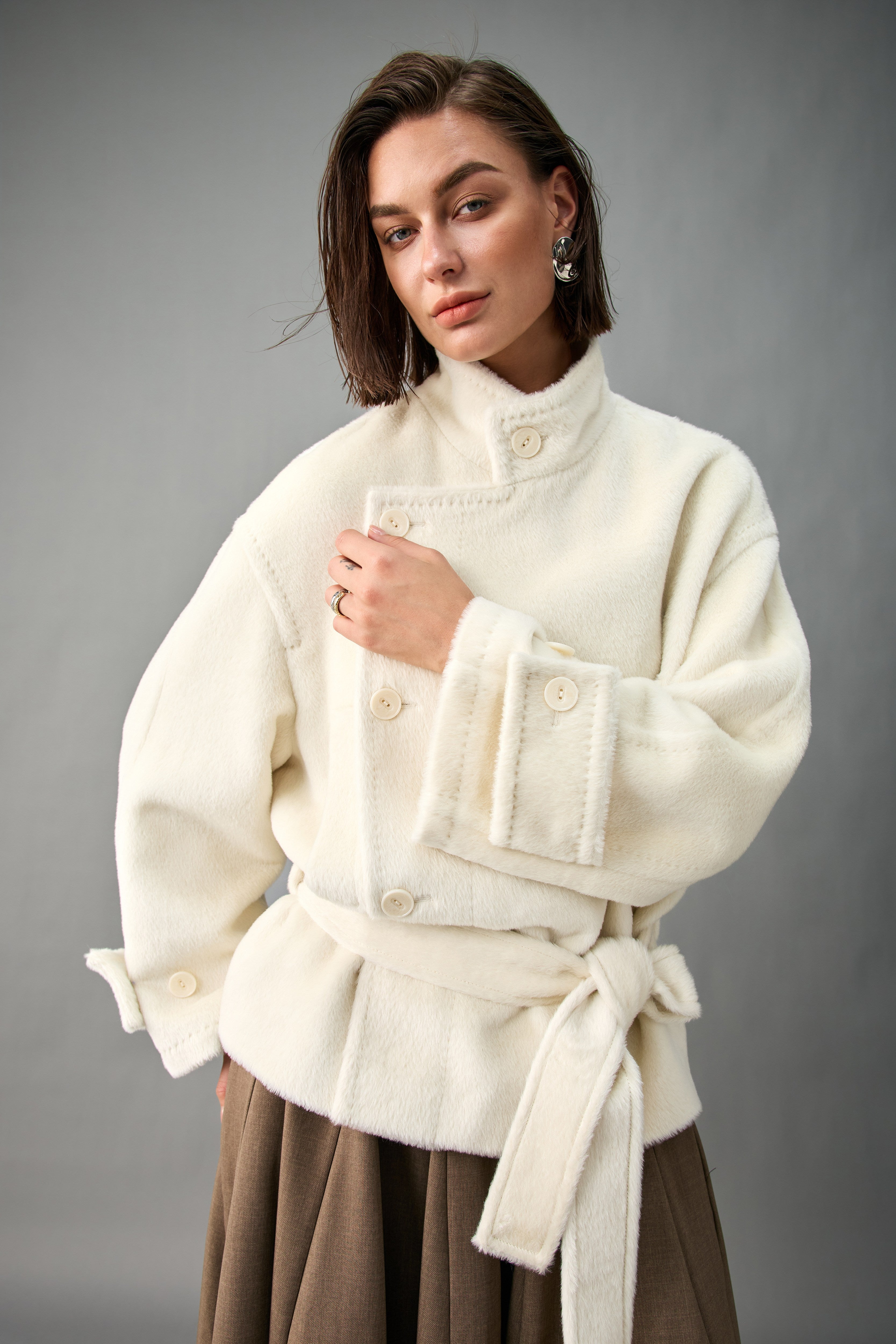 Evelluna Asymmetric Belted Alpaca Blend Short Coat