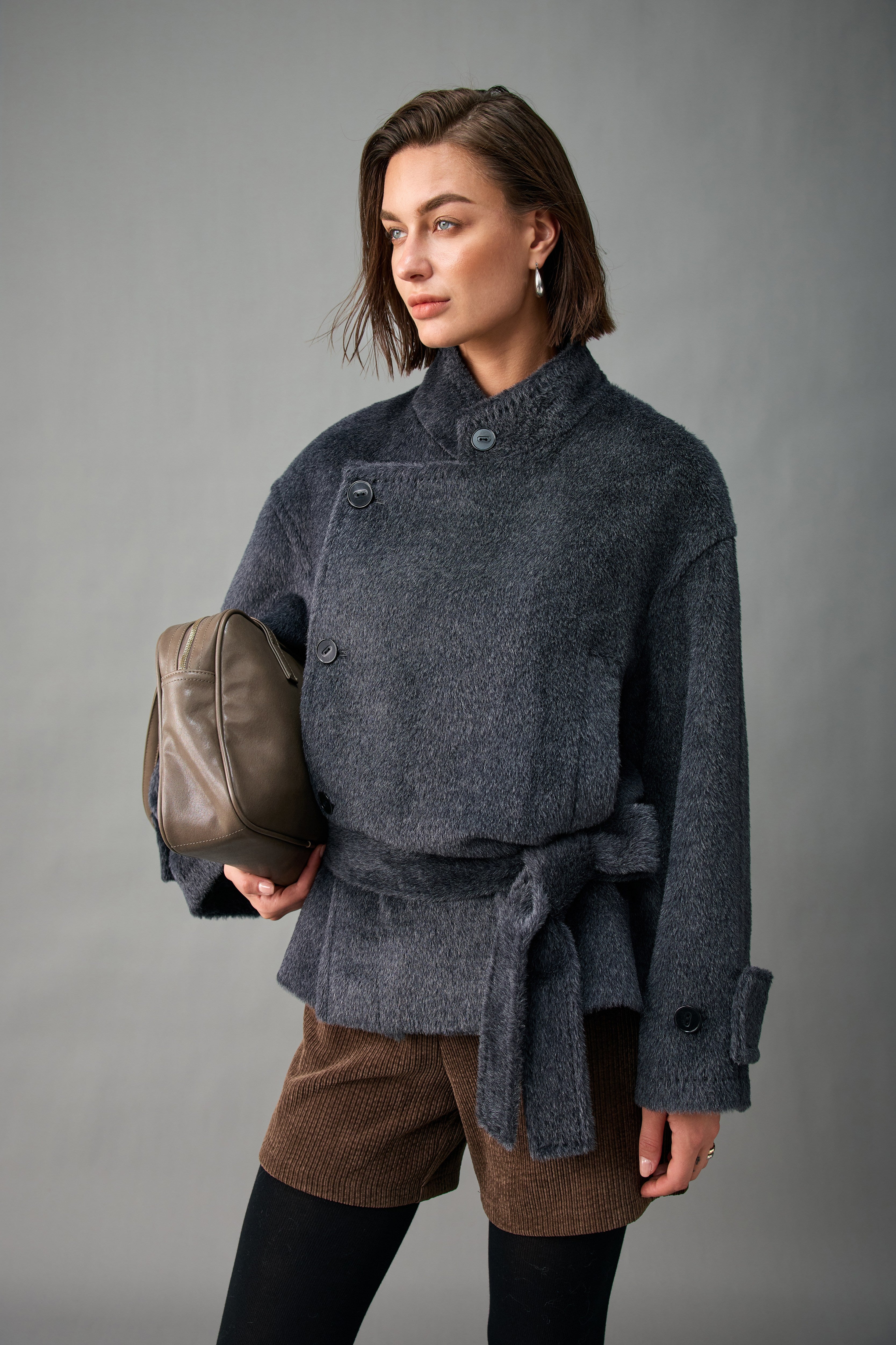 Evelluna Asymmetric Belted Alpaca Blend Short Coat