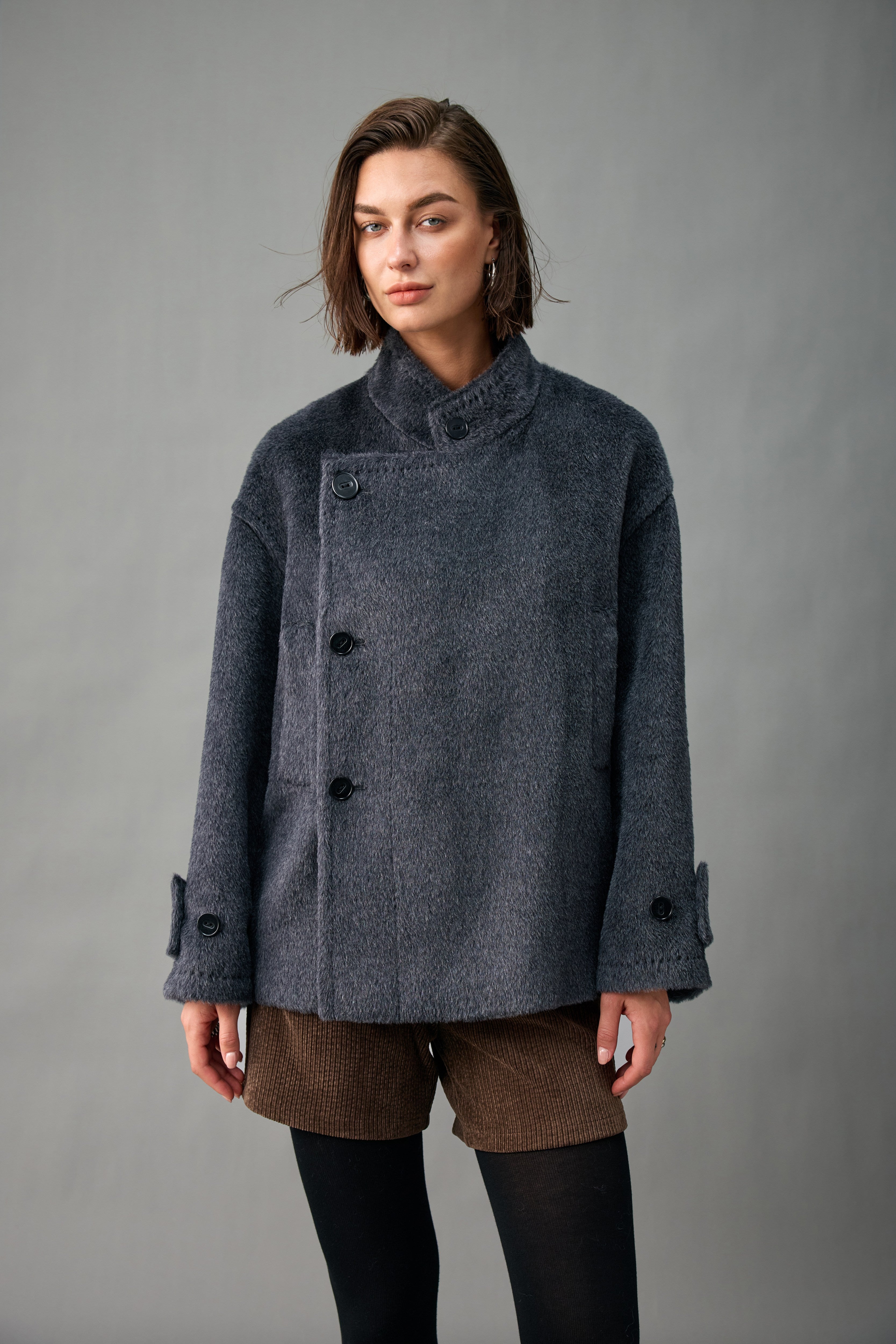 Evelluna Asymmetric Belted Alpaca Blend Short Coat