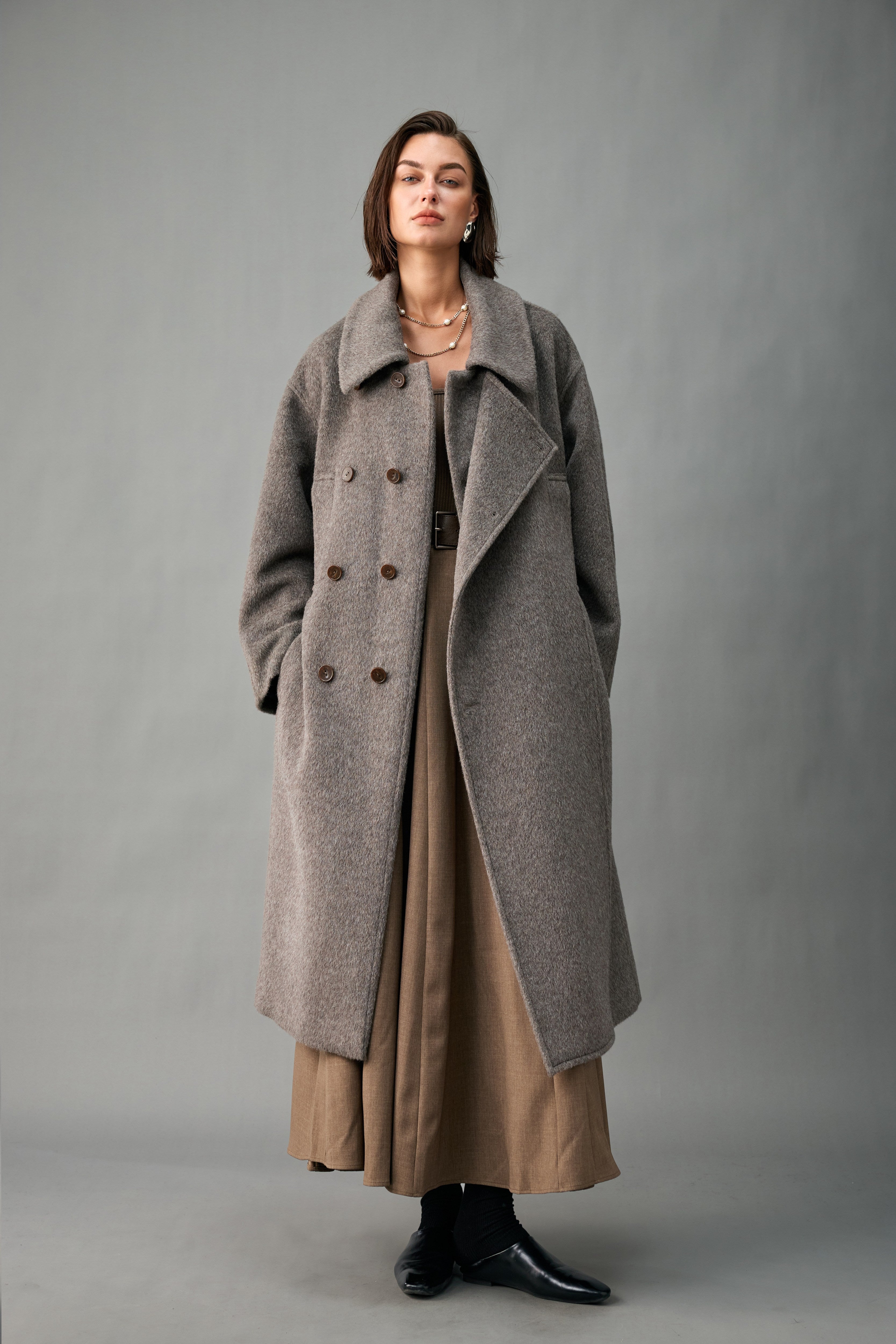 Evelluna Belted Long Coat in Luxury Wool Blend