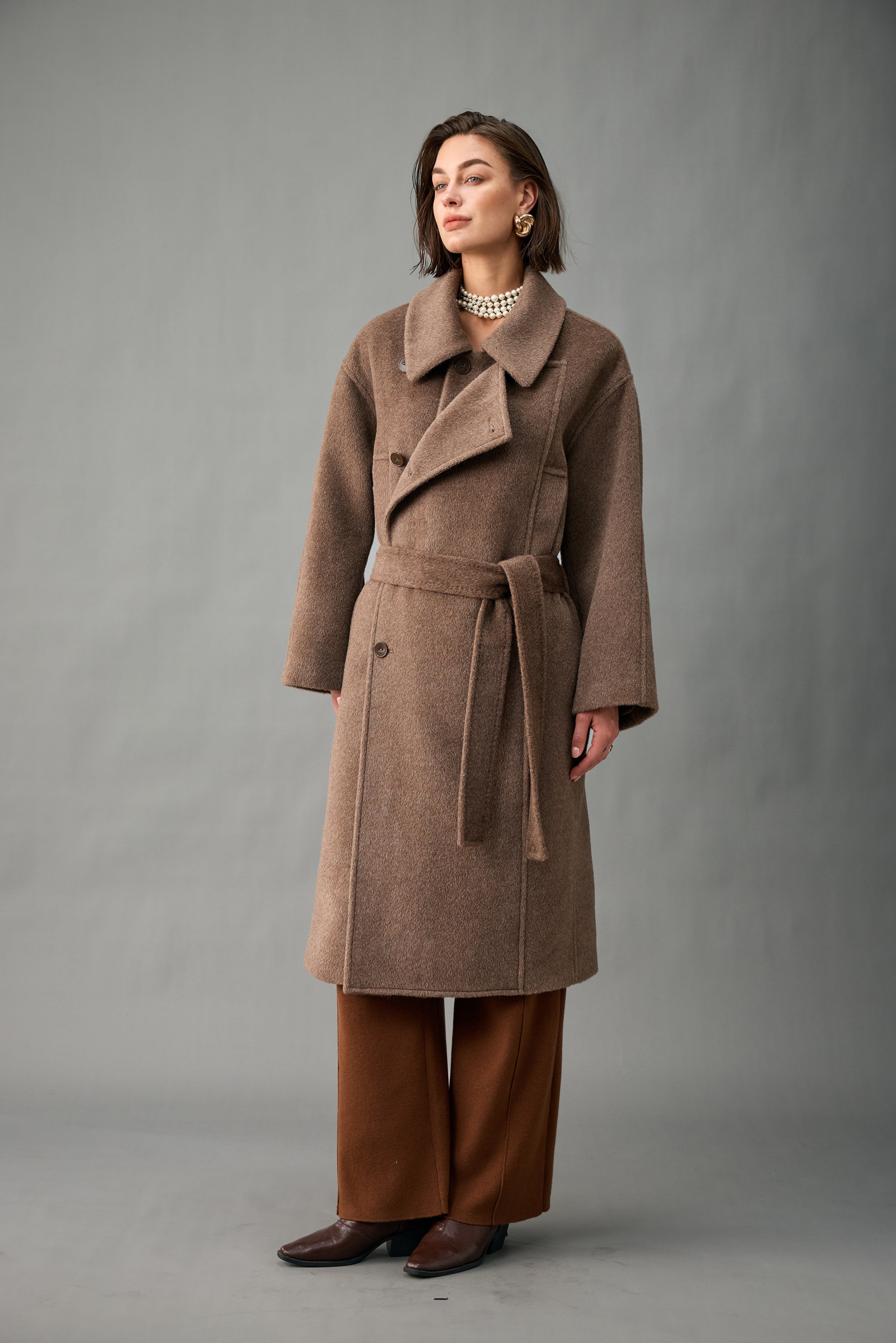 Evelluna Belted Long Coat in Luxury Wool Blend