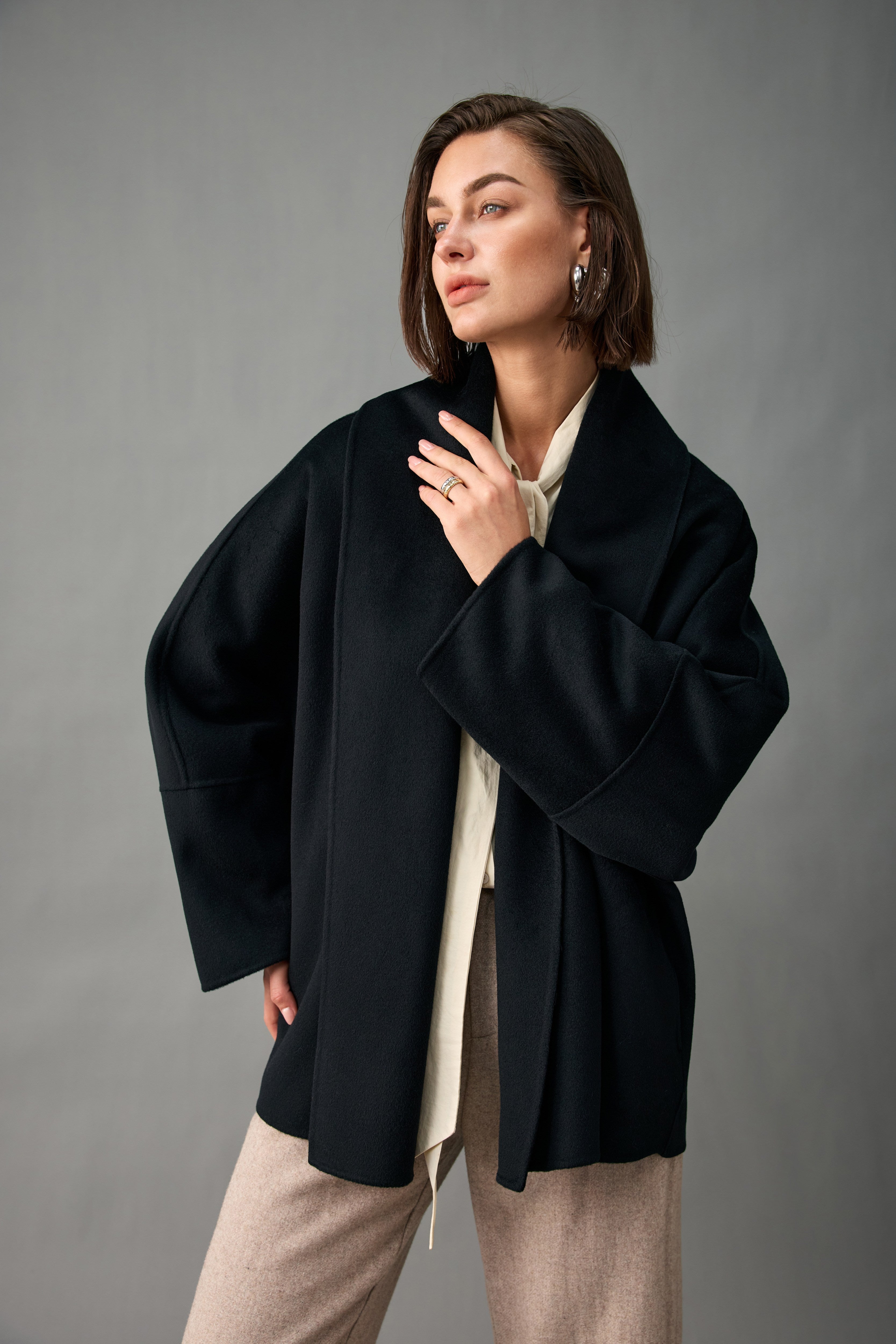 Evelluna Unlined Cashmere Wool Short Coat with Shawl Collar