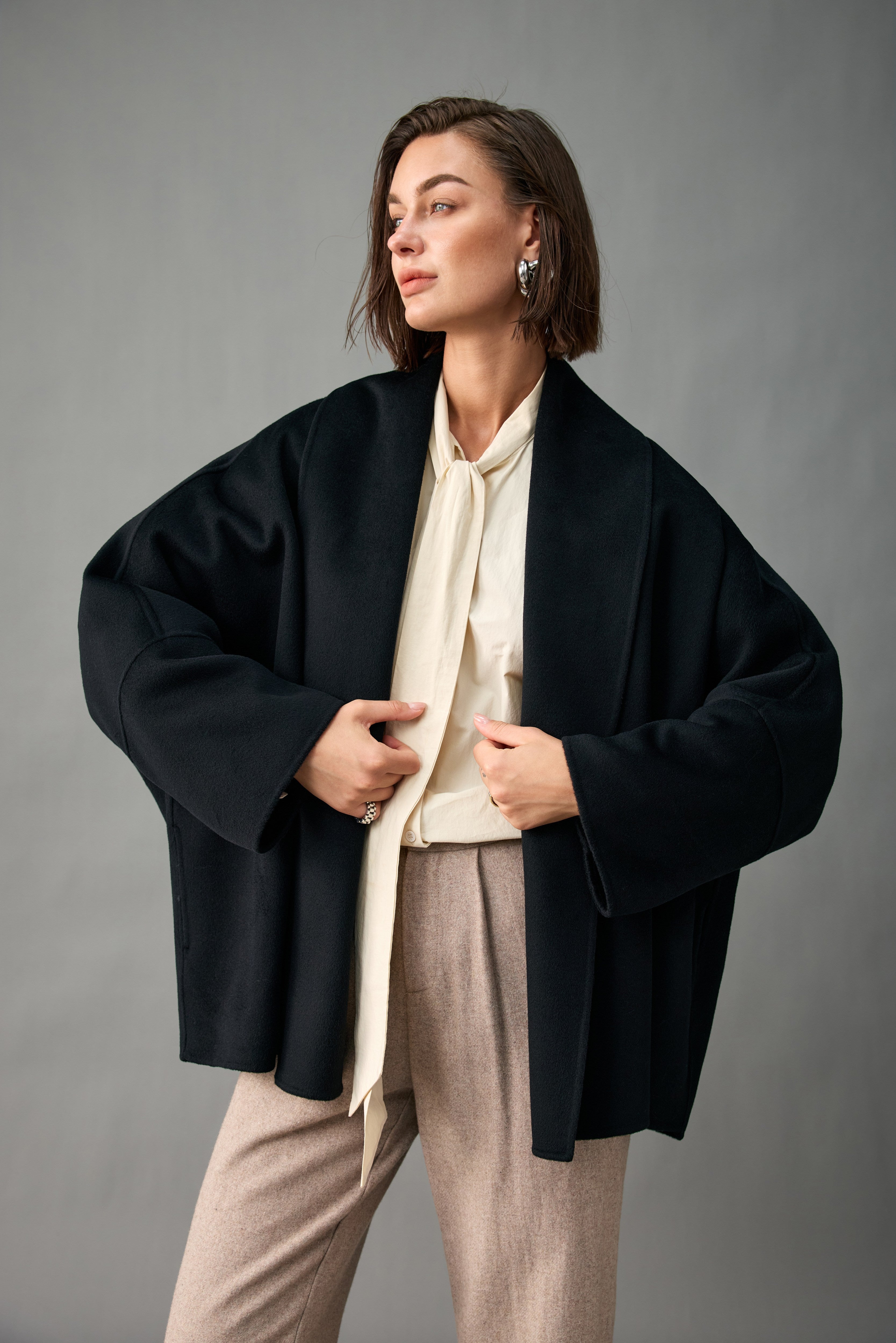 Evelluna Unlined Cashmere Wool Short Coat with Shawl Collar