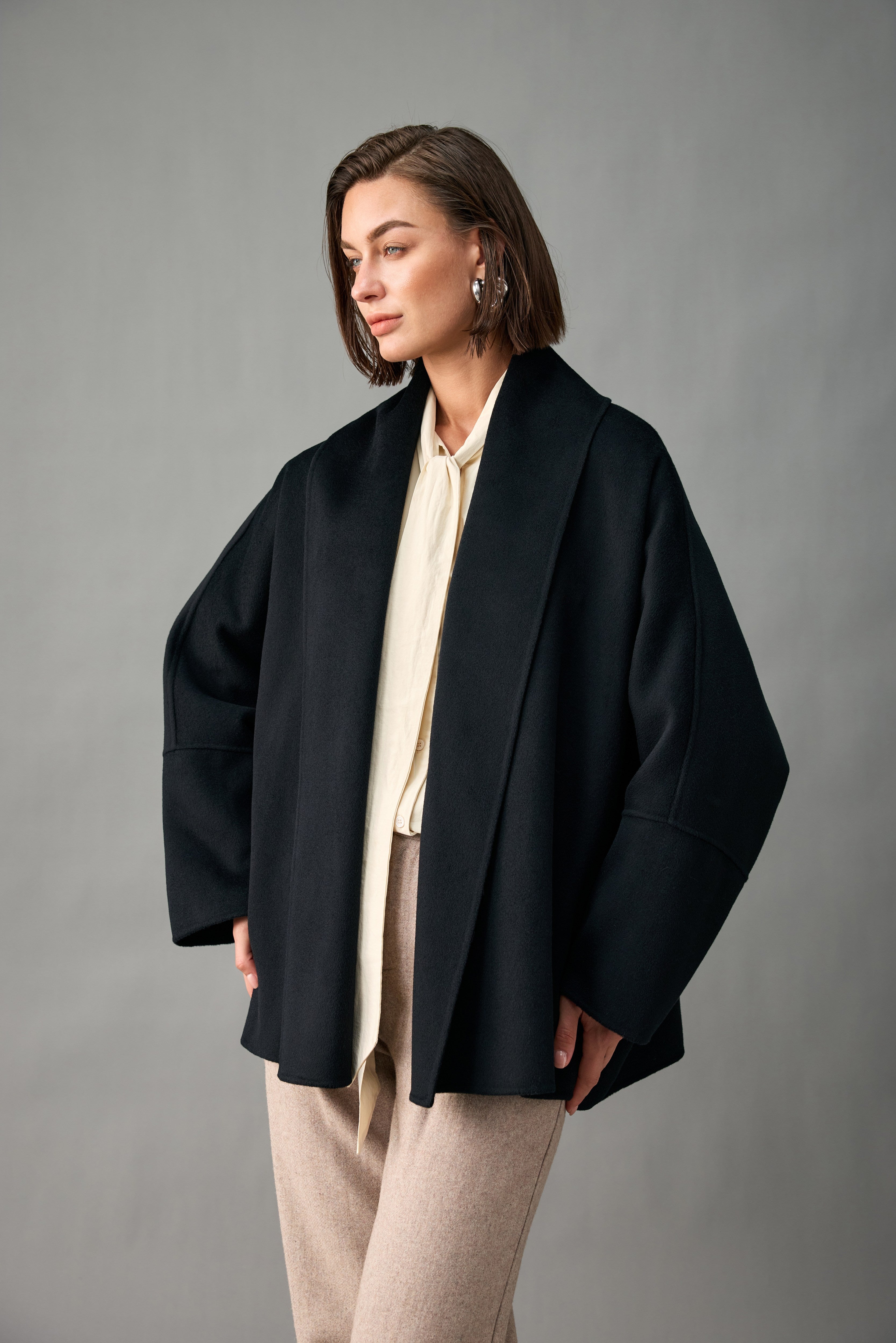 Evelluna Unlined Cashmere Wool Short Coat with Shawl Collar