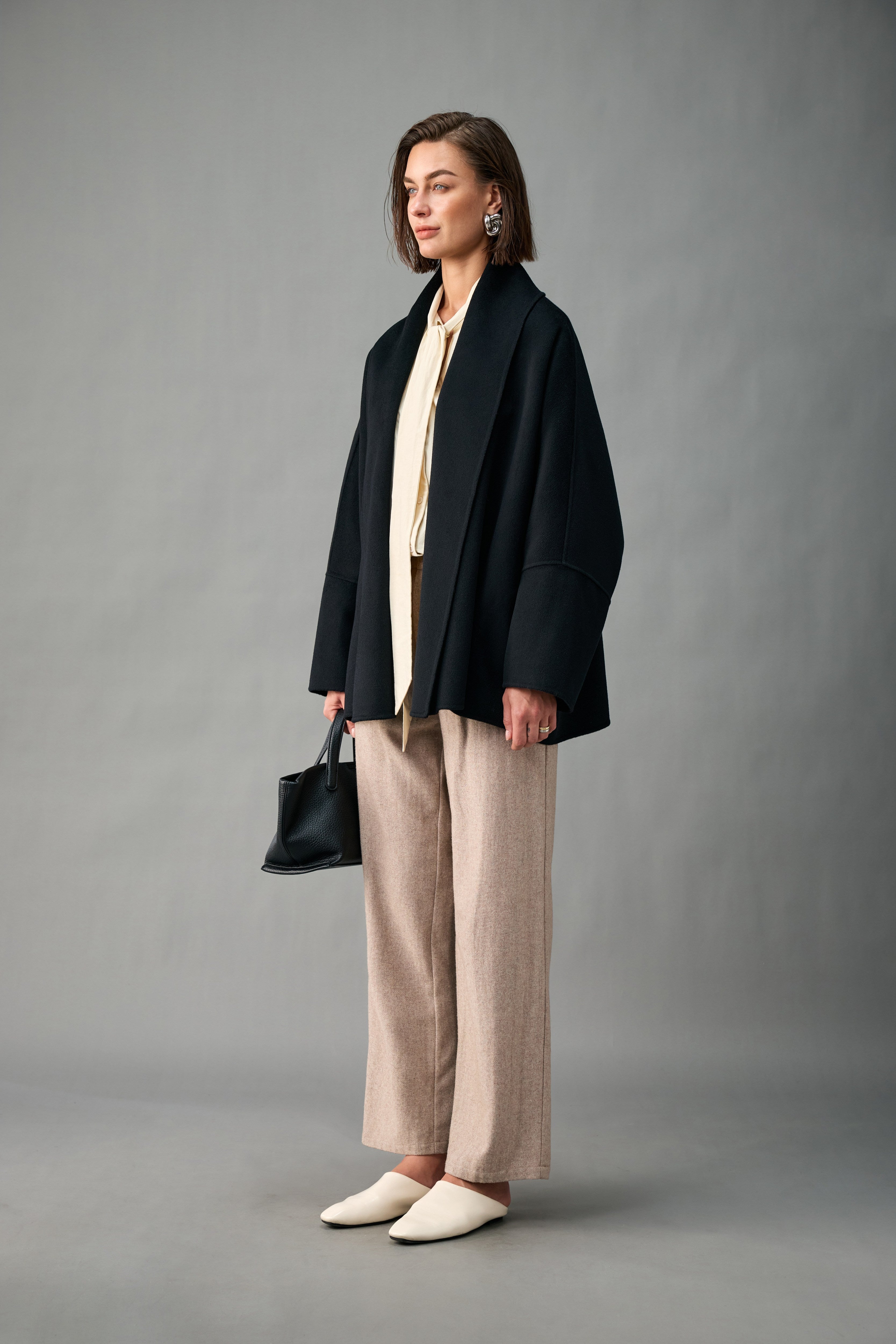 Evelluna Unlined Cashmere Wool Short Coat with Shawl Collar