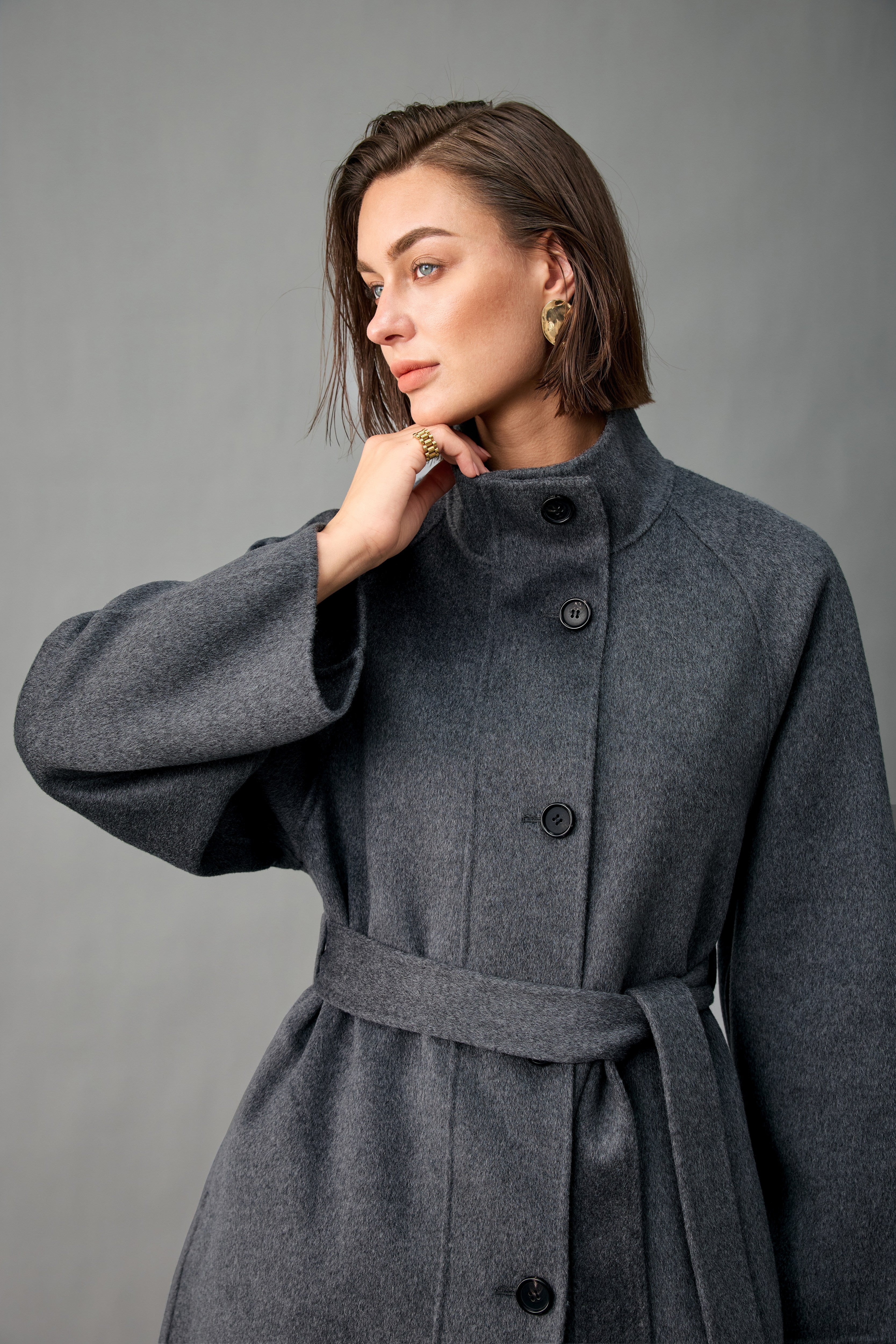 Evelluna Unlined Belted 100% Cashmere Stand-Collar Long Coat