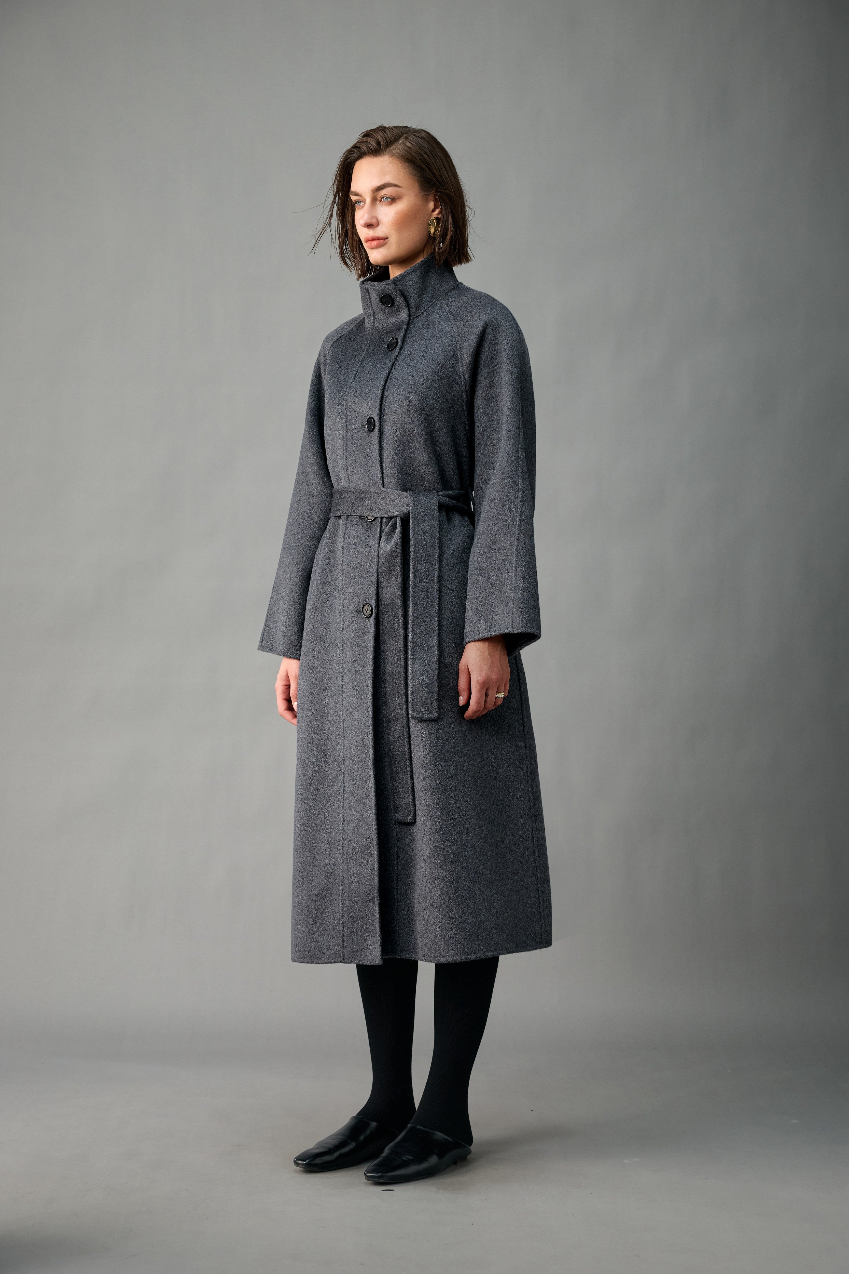 Evelluna Unlined Belted 100% Cashmere Stand-Collar Long Coat