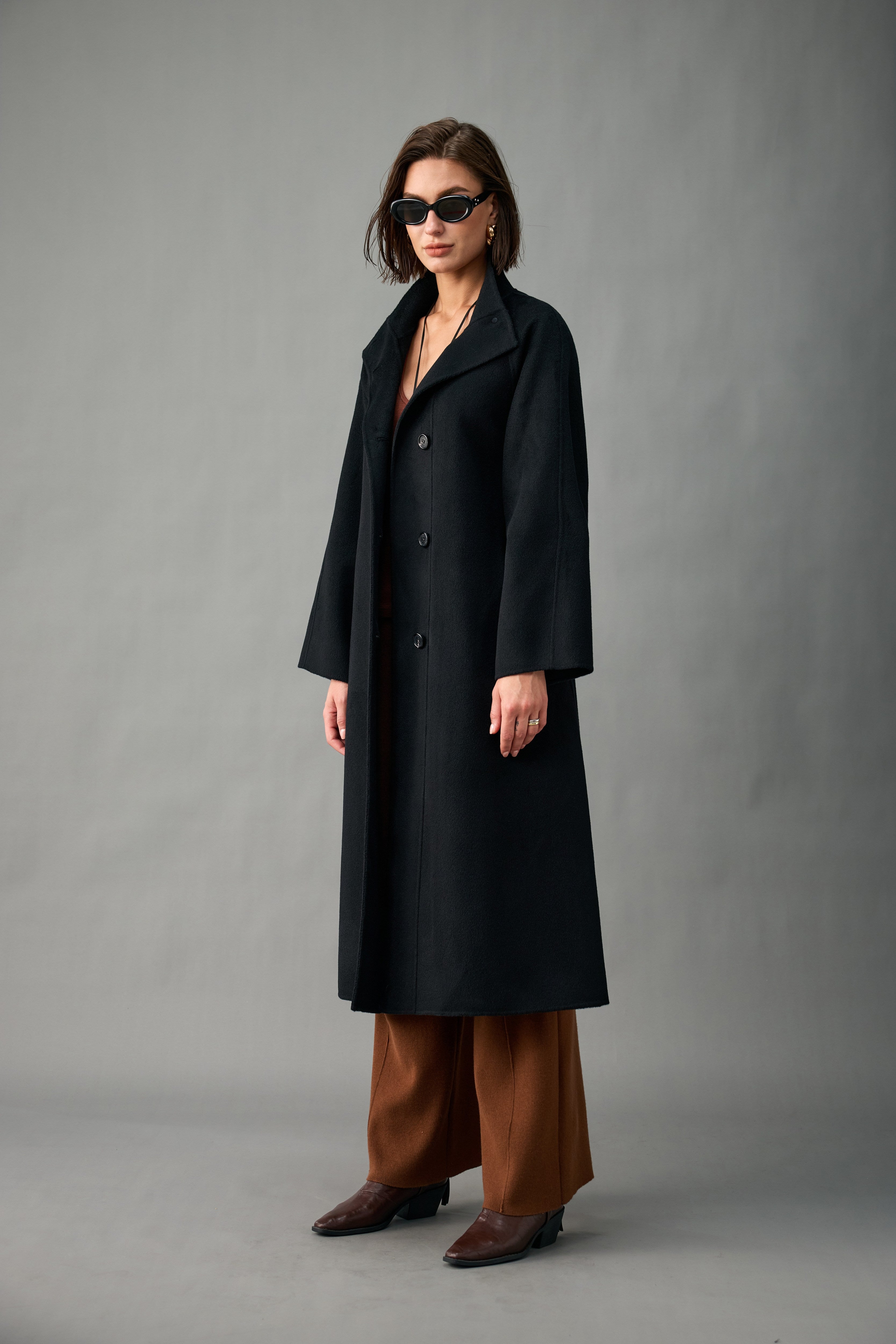 Evelluna Unlined Belted 100% Cashmere Stand-Collar Long Coat