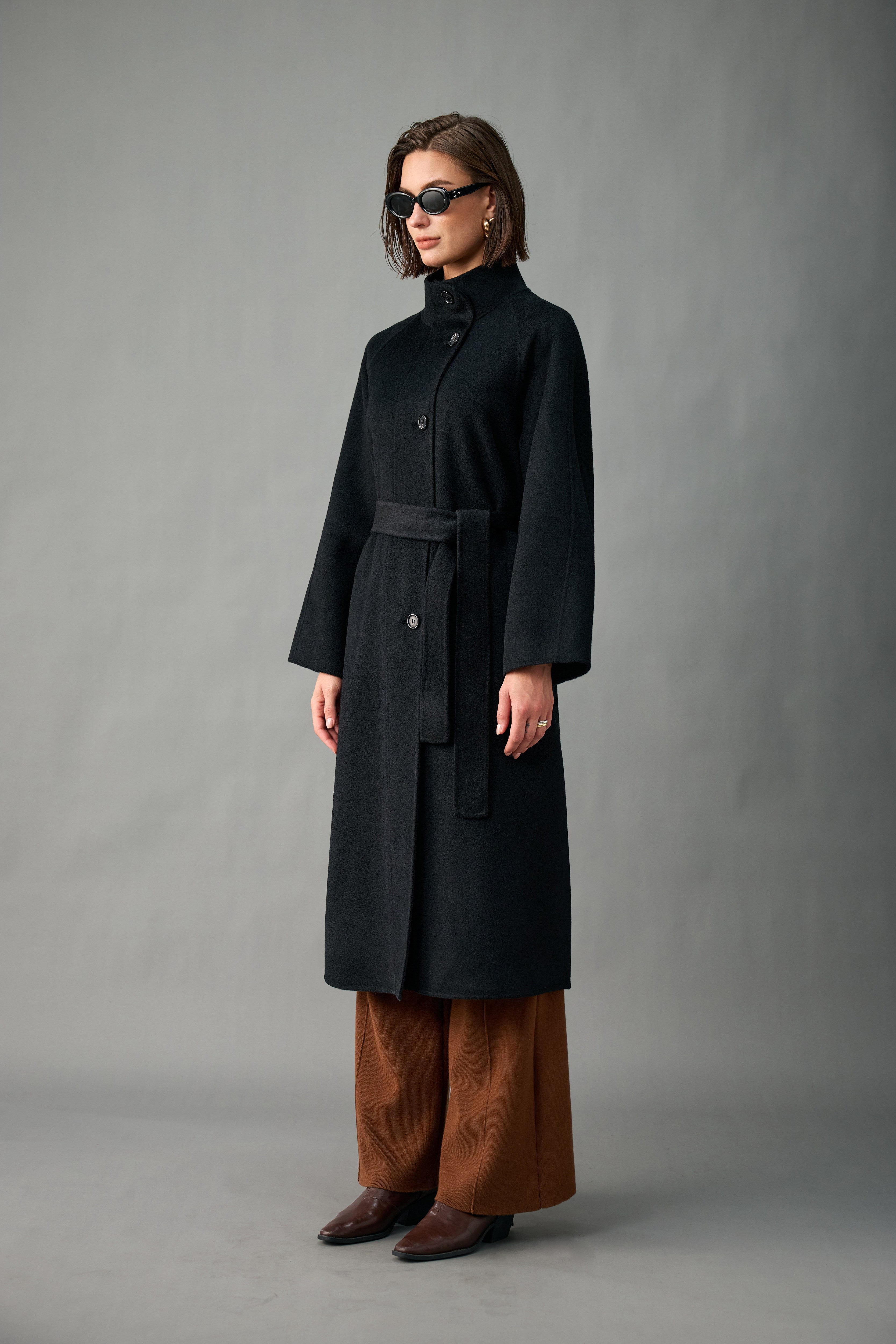 Evelluna Unlined Belted 100% Cashmere Stand-Collar Long Coat