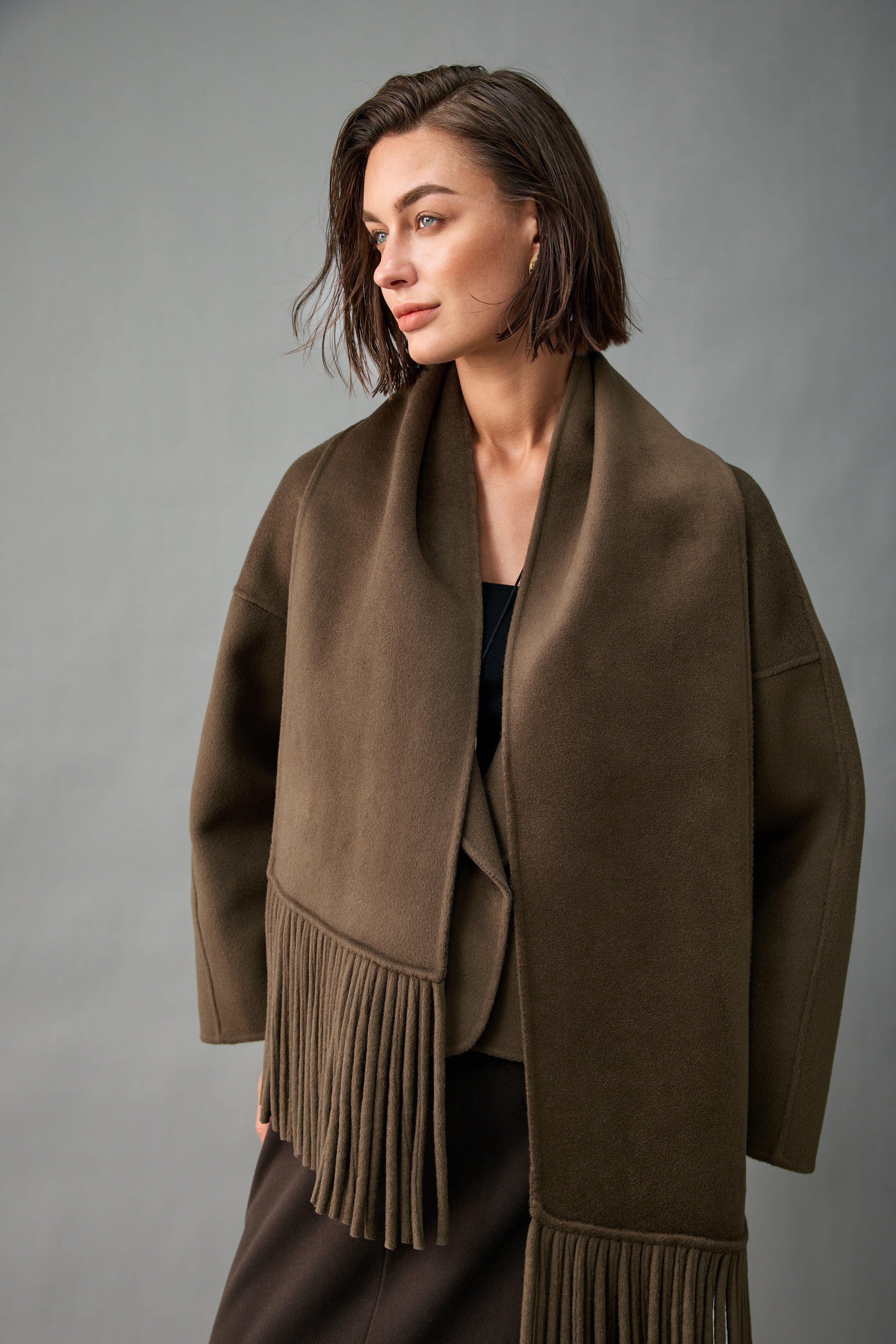 Evelluna Unlined 100% Cashmere Cropped Jacket with Matching Fringed Scarf