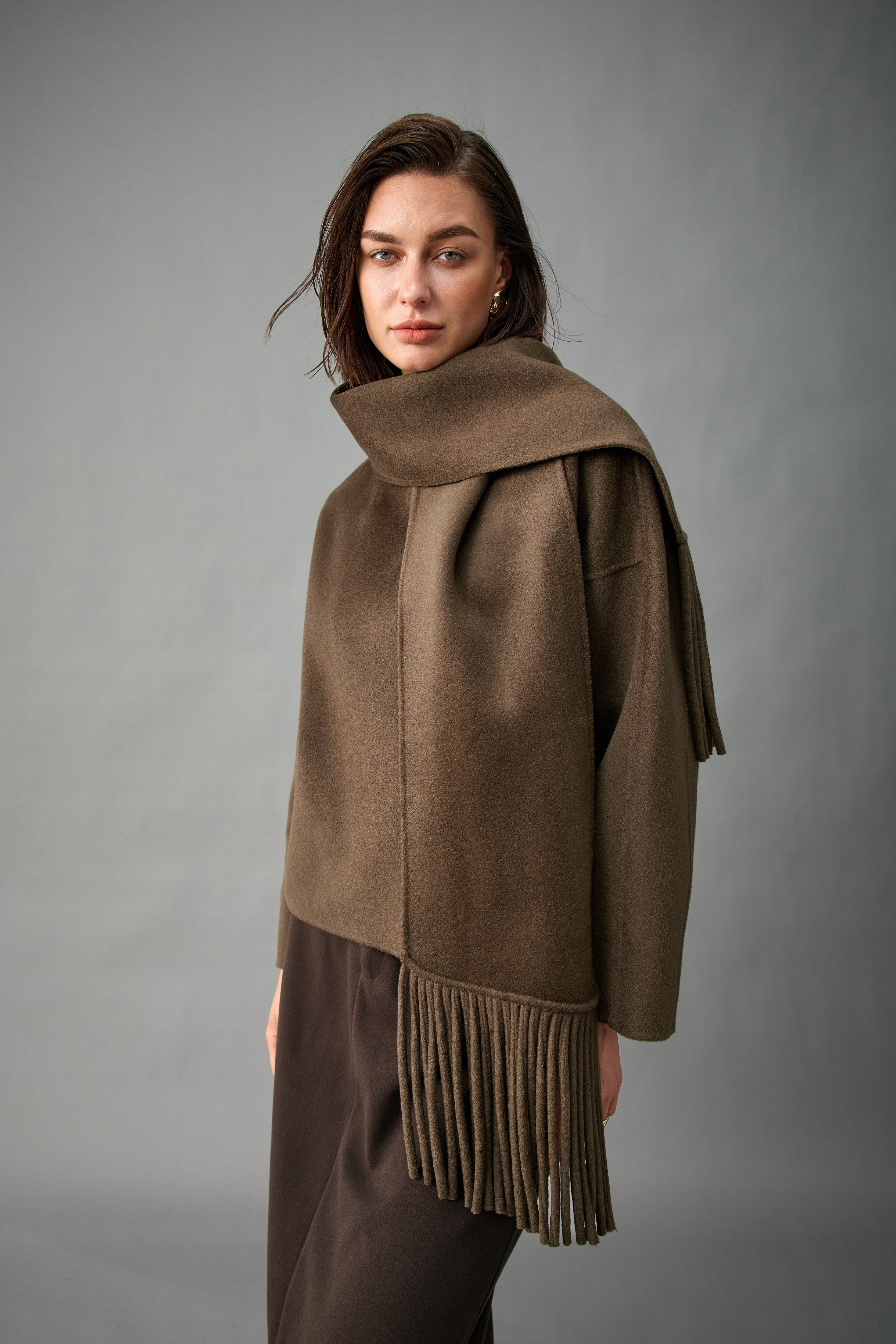 Evelluna Unlined 100% Cashmere Cropped Jacket with Matching Fringed Scarf