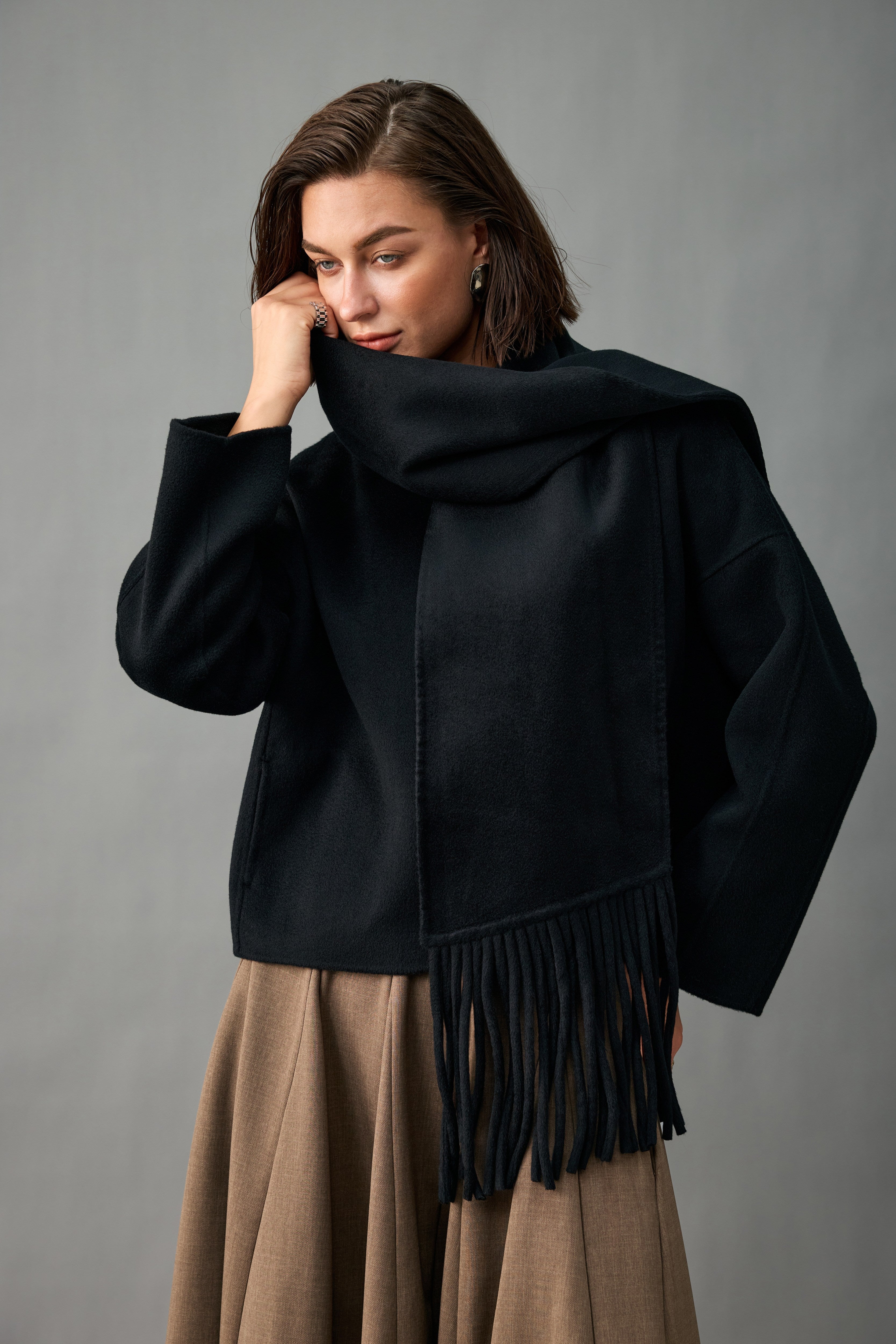 Evelluna Unlined 100% Cashmere Cropped Jacket with Matching Fringed Scarf