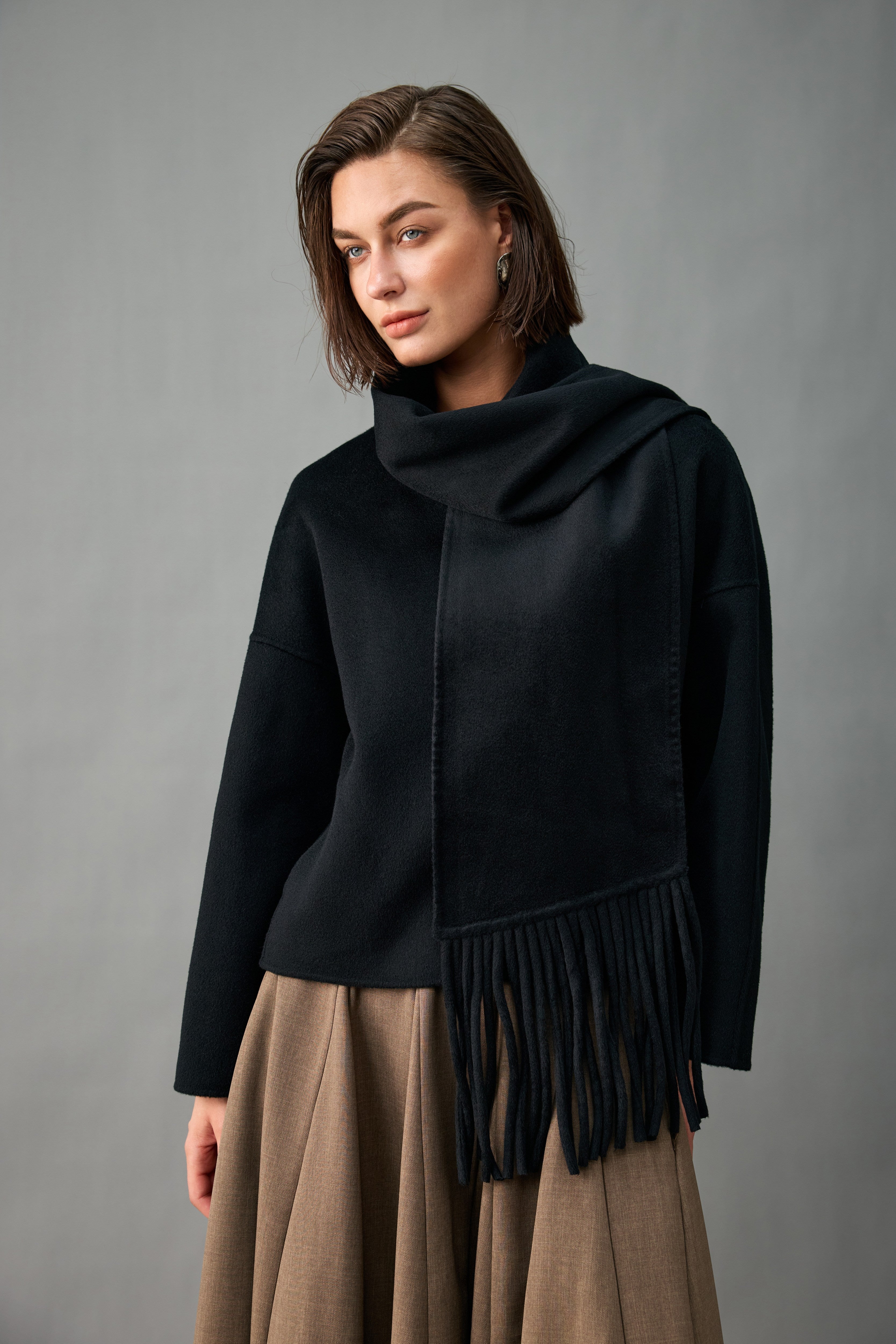 Evelluna Unlined 100% Cashmere Cropped Jacket with Matching Fringed Scarf
