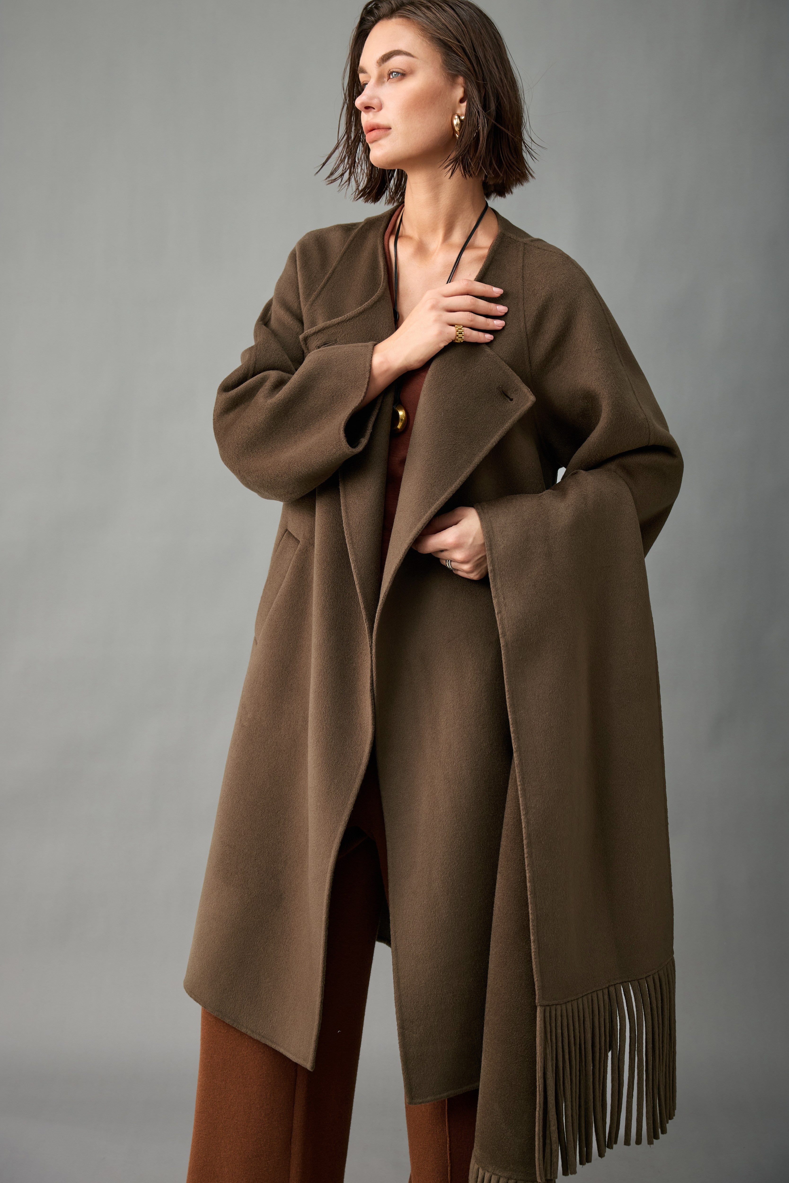 Evelluna Unlined 100% Cashmere Long Coat with Matching Fringed Scarf