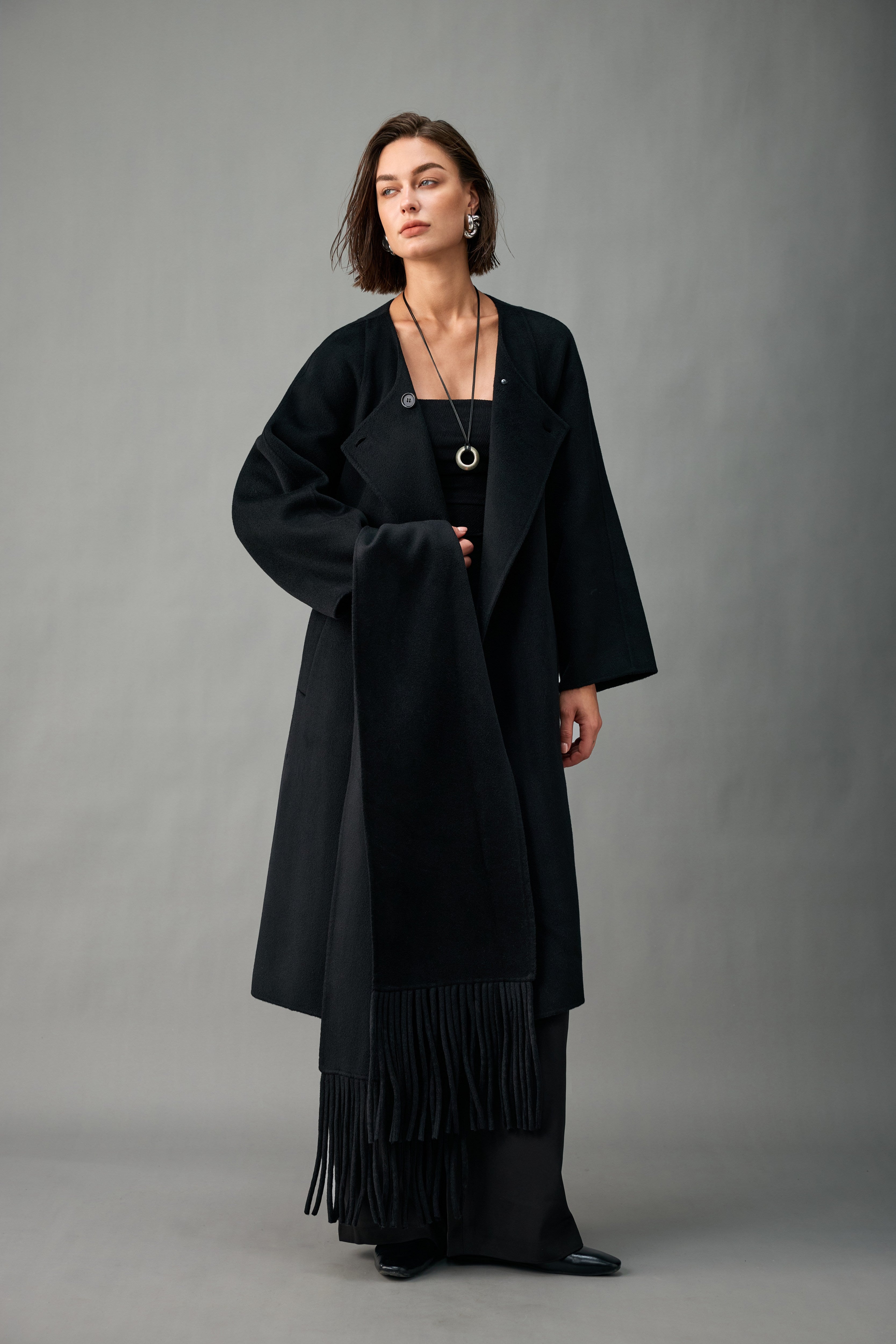 Evelluna Unlined 100% Cashmere Long Coat with Matching Fringed Scarf