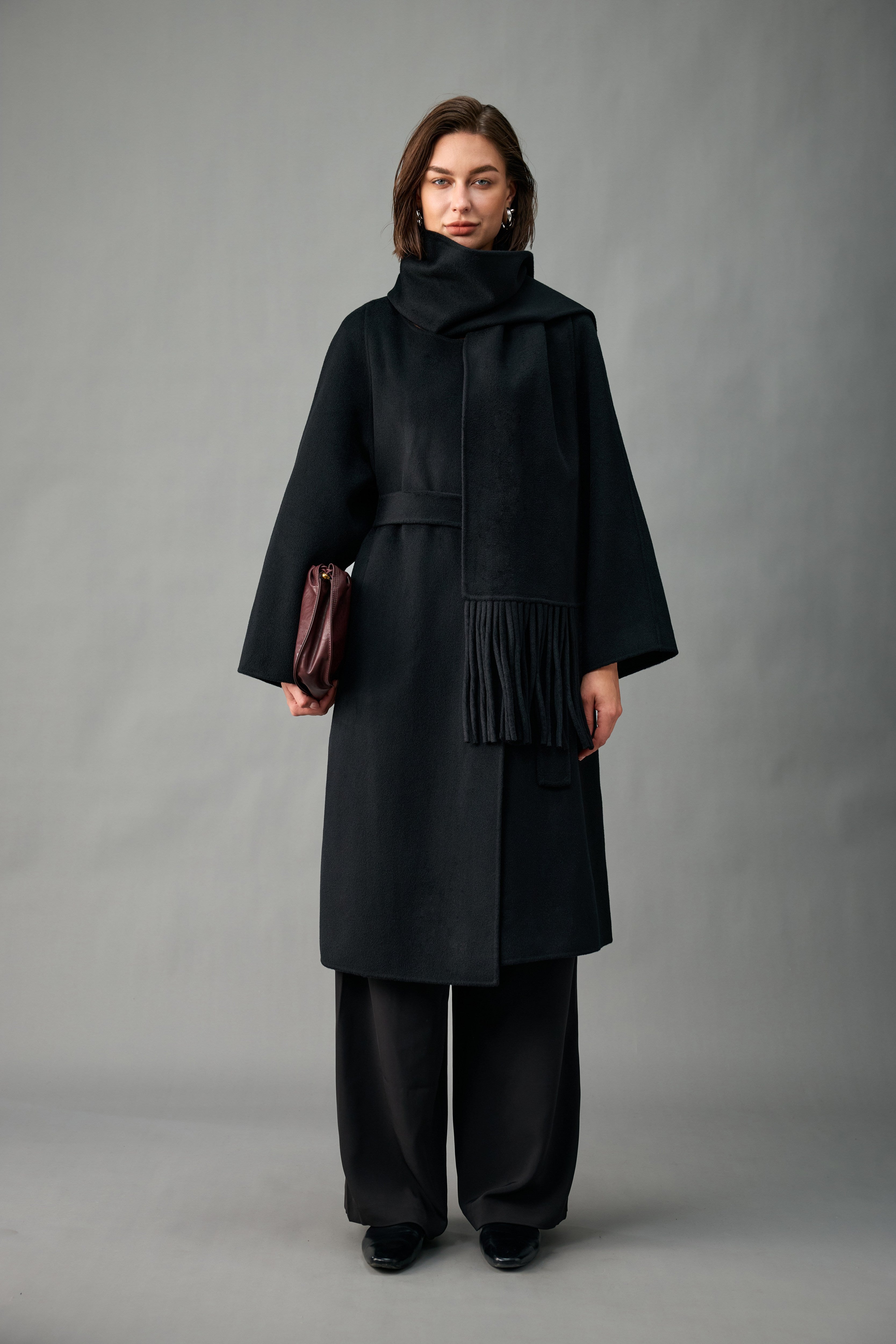 Evelluna Unlined 100% Cashmere Long Coat with Matching Fringed Scarf