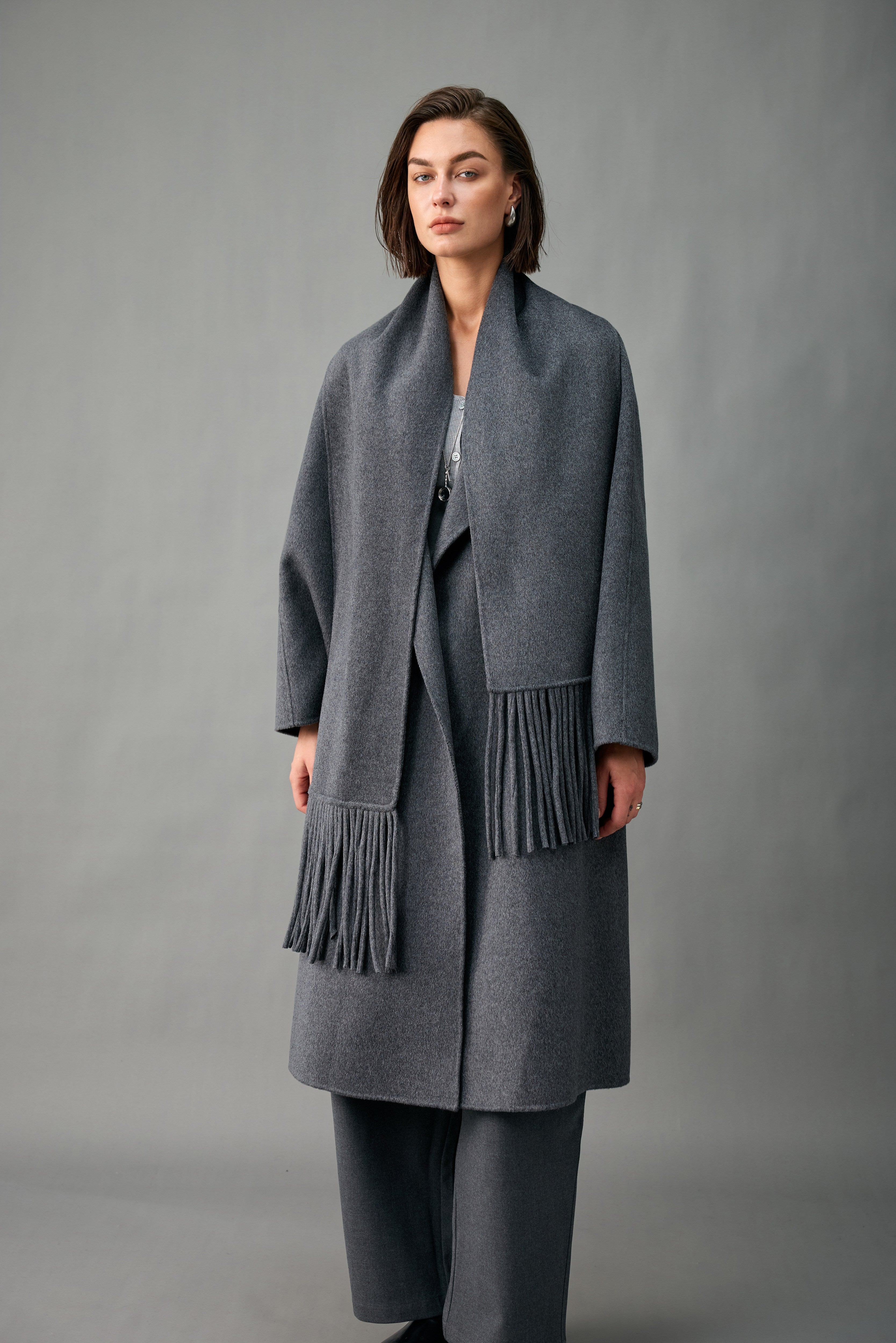 Evelluna Unlined 100% Cashmere Long Coat with Matching Fringed Scarf
