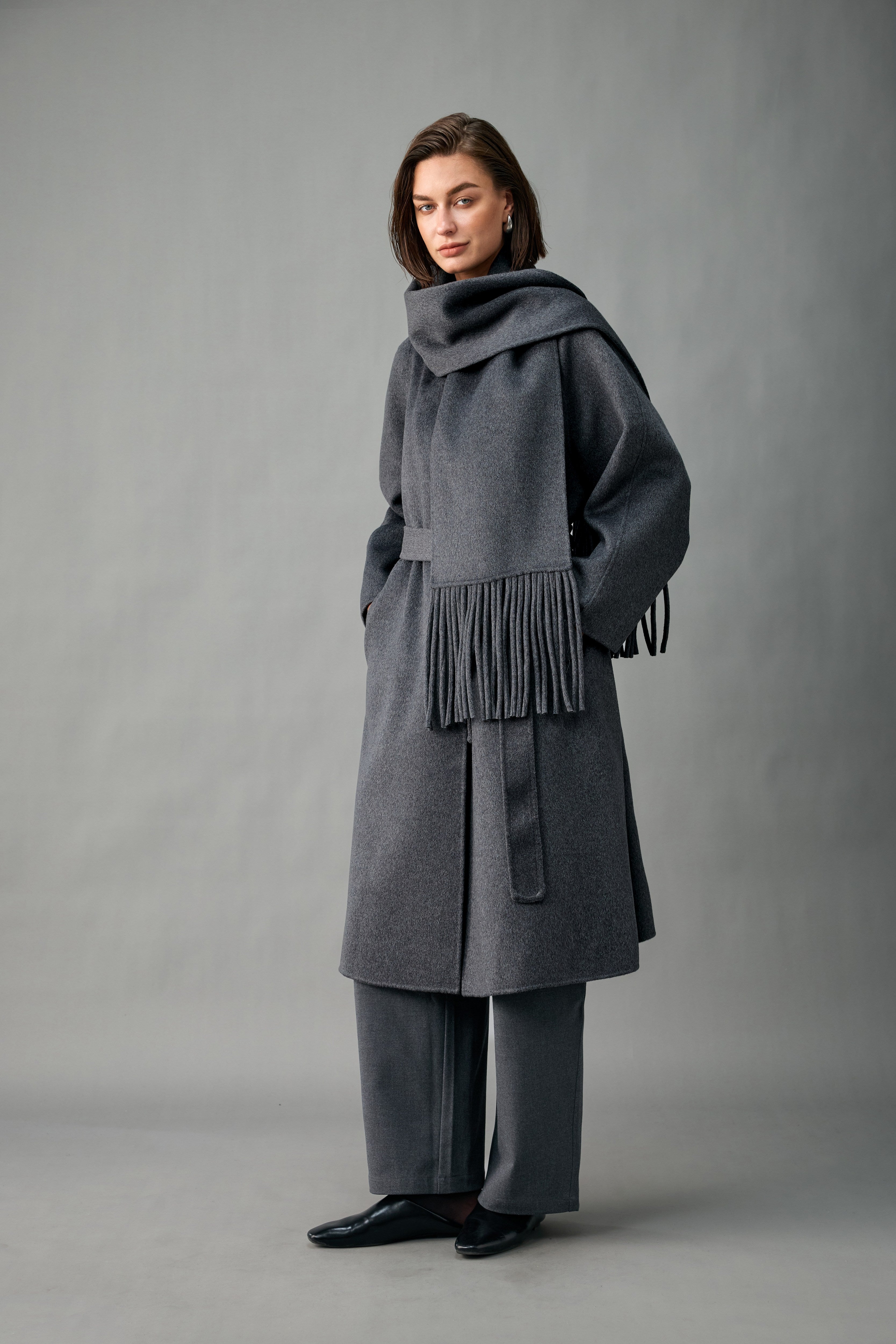 Evelluna Unlined 100% Cashmere Long Coat with Matching Fringed Scarf
