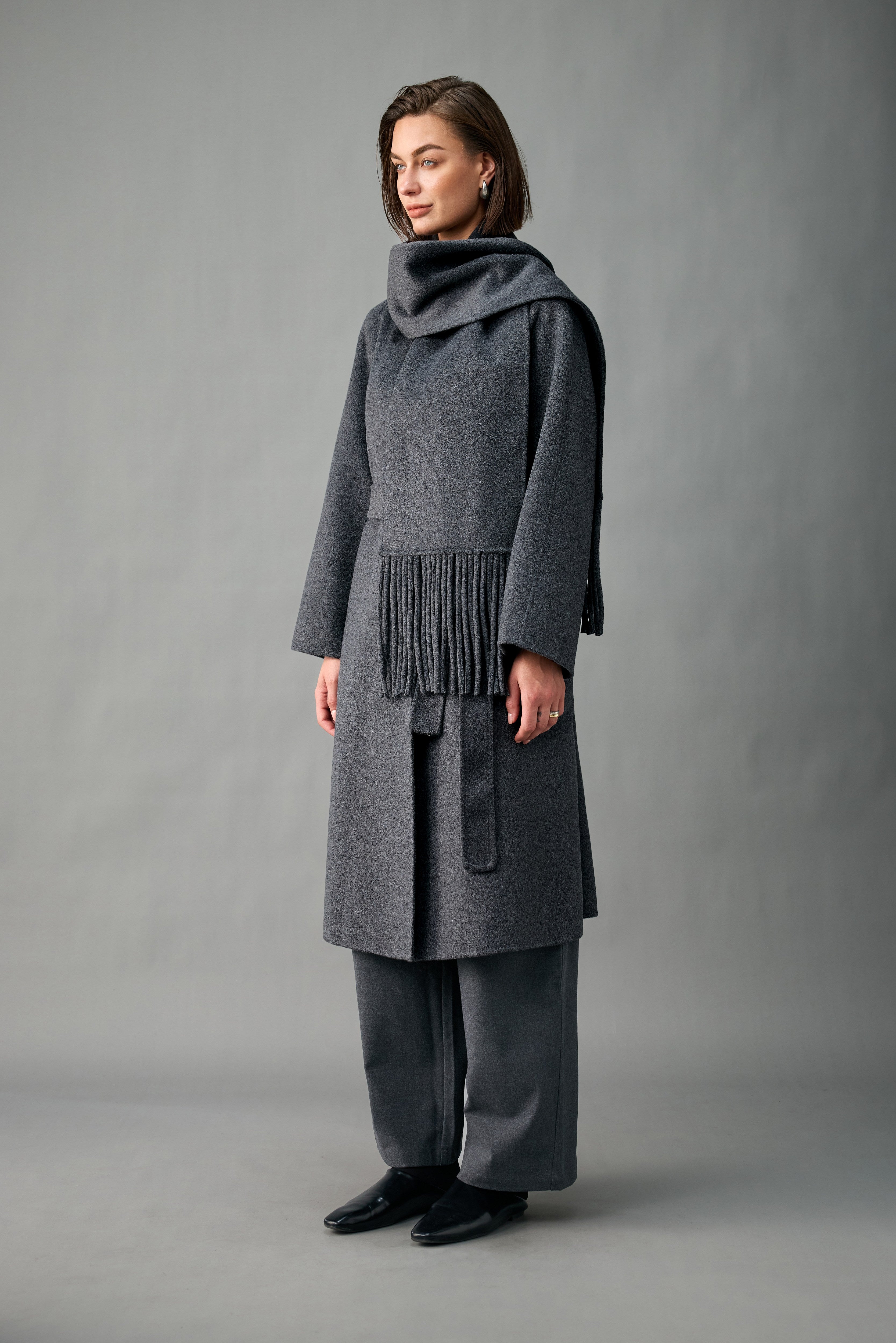 Evelluna Unlined 100% Cashmere Long Coat with Matching Fringed Scarf