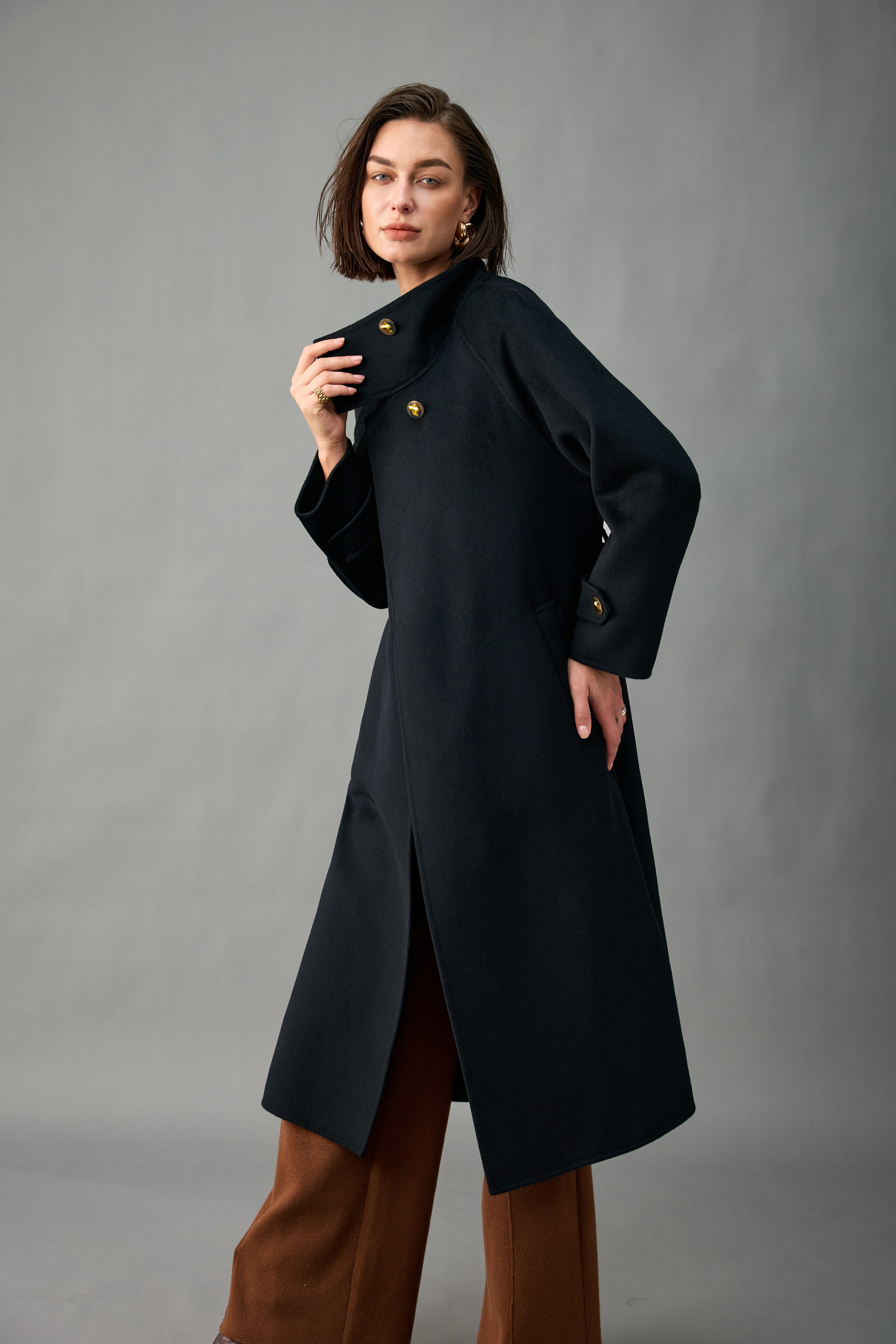 Unlined Cashmere Wool Funnel-Neck Long Coat