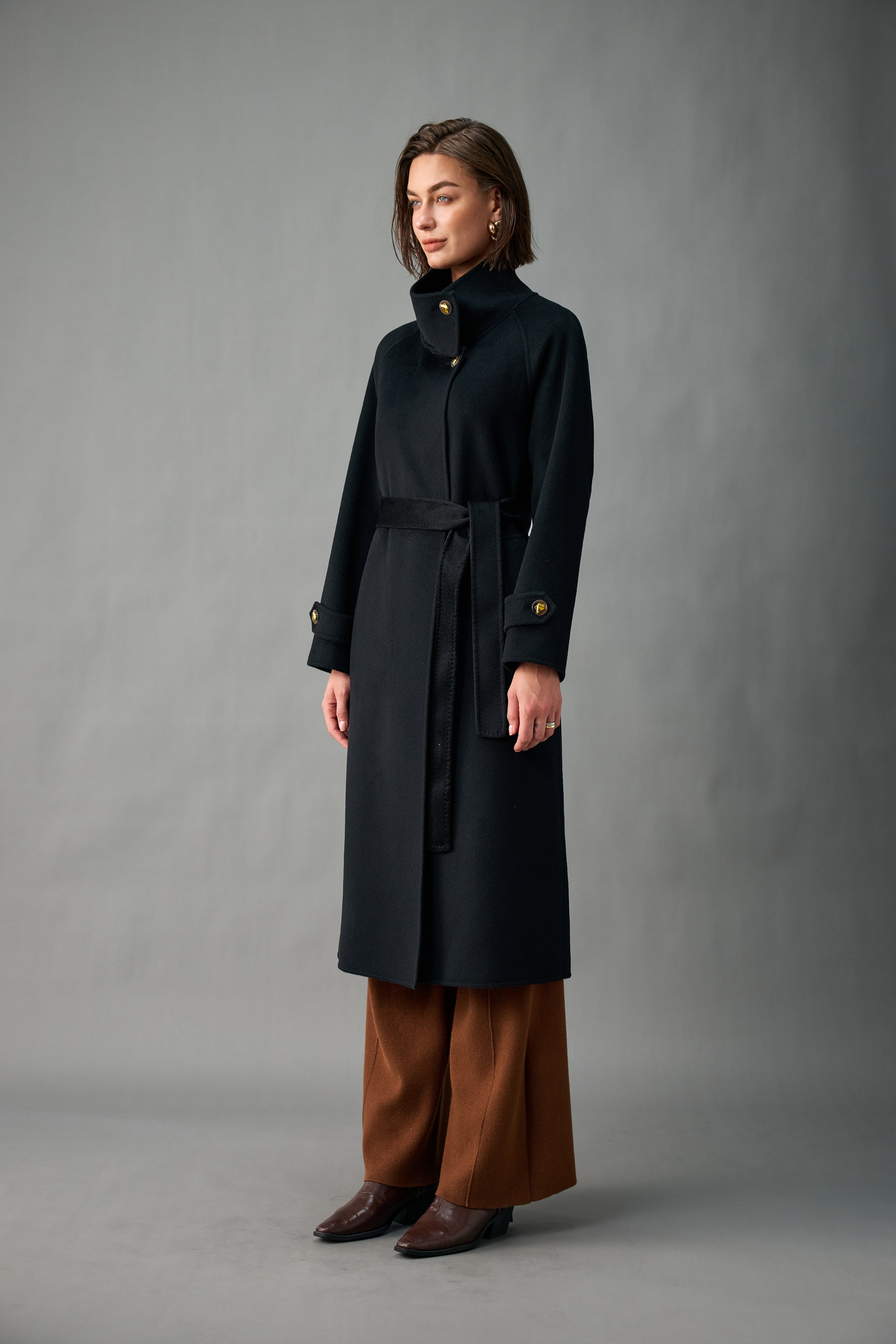 Unlined Cashmere Wool Funnel-Neck Long Coat
