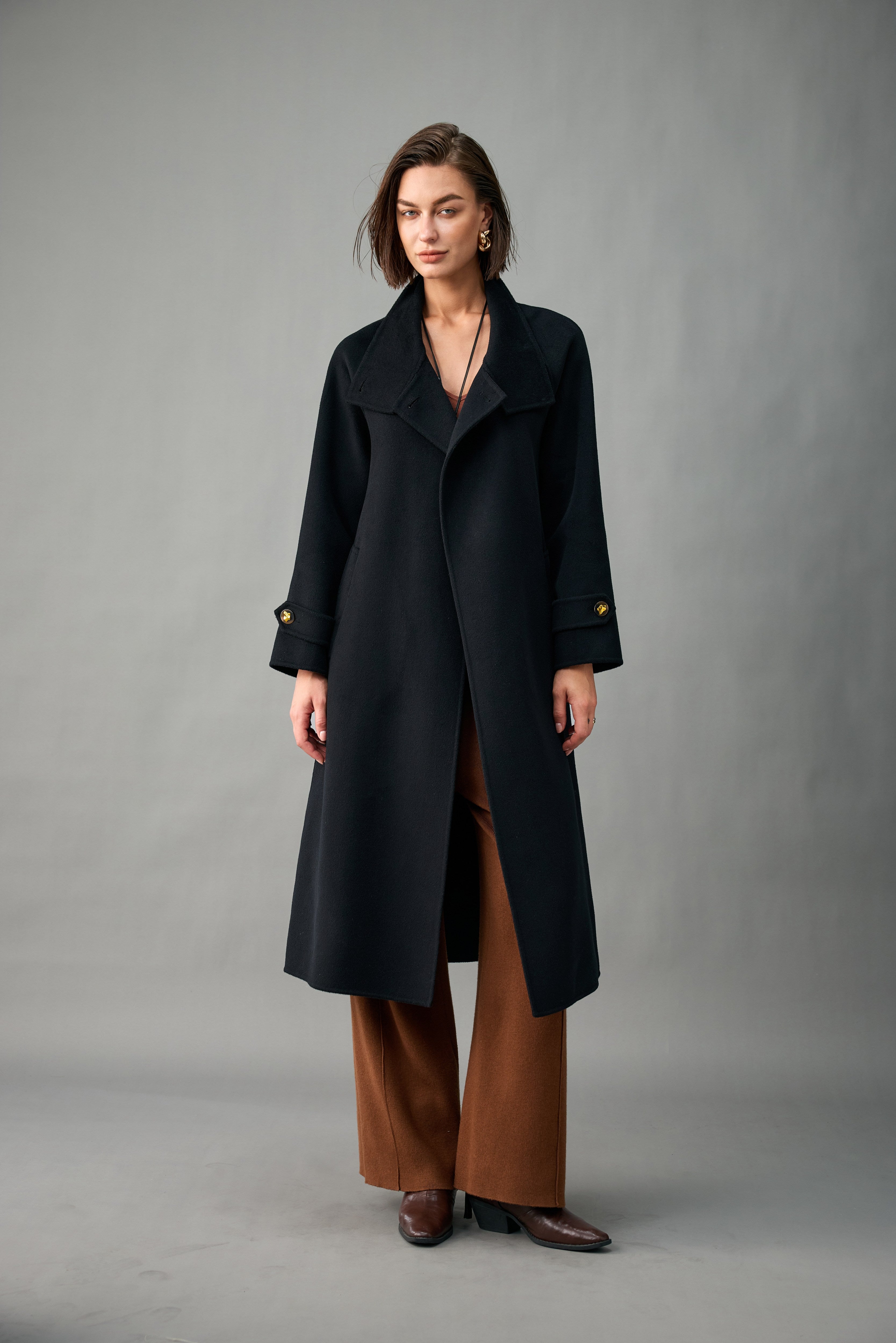 Unlined Cashmere Wool Funnel-Neck Long Coat