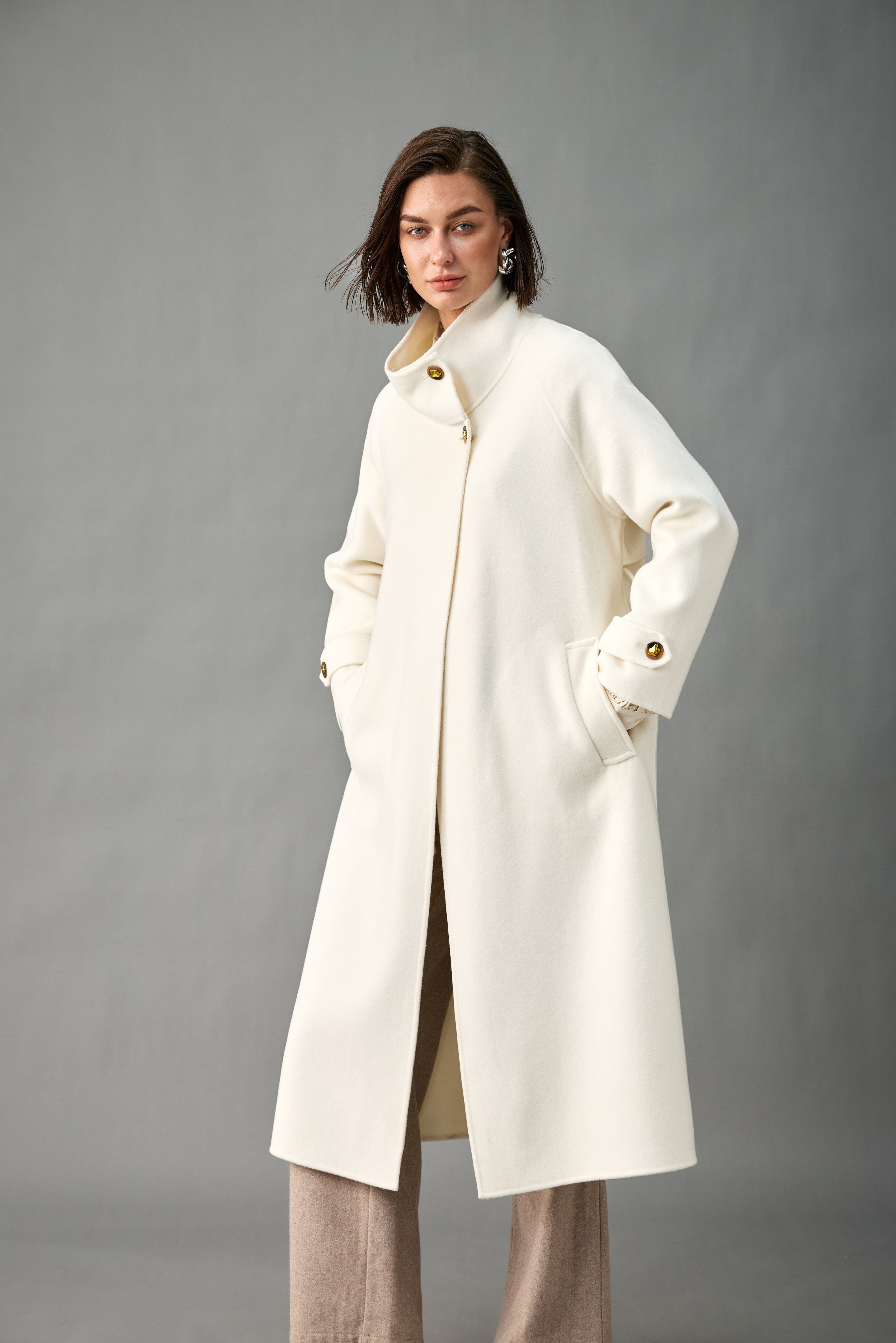Unlined Cashmere Wool Funnel-Neck Long Coat