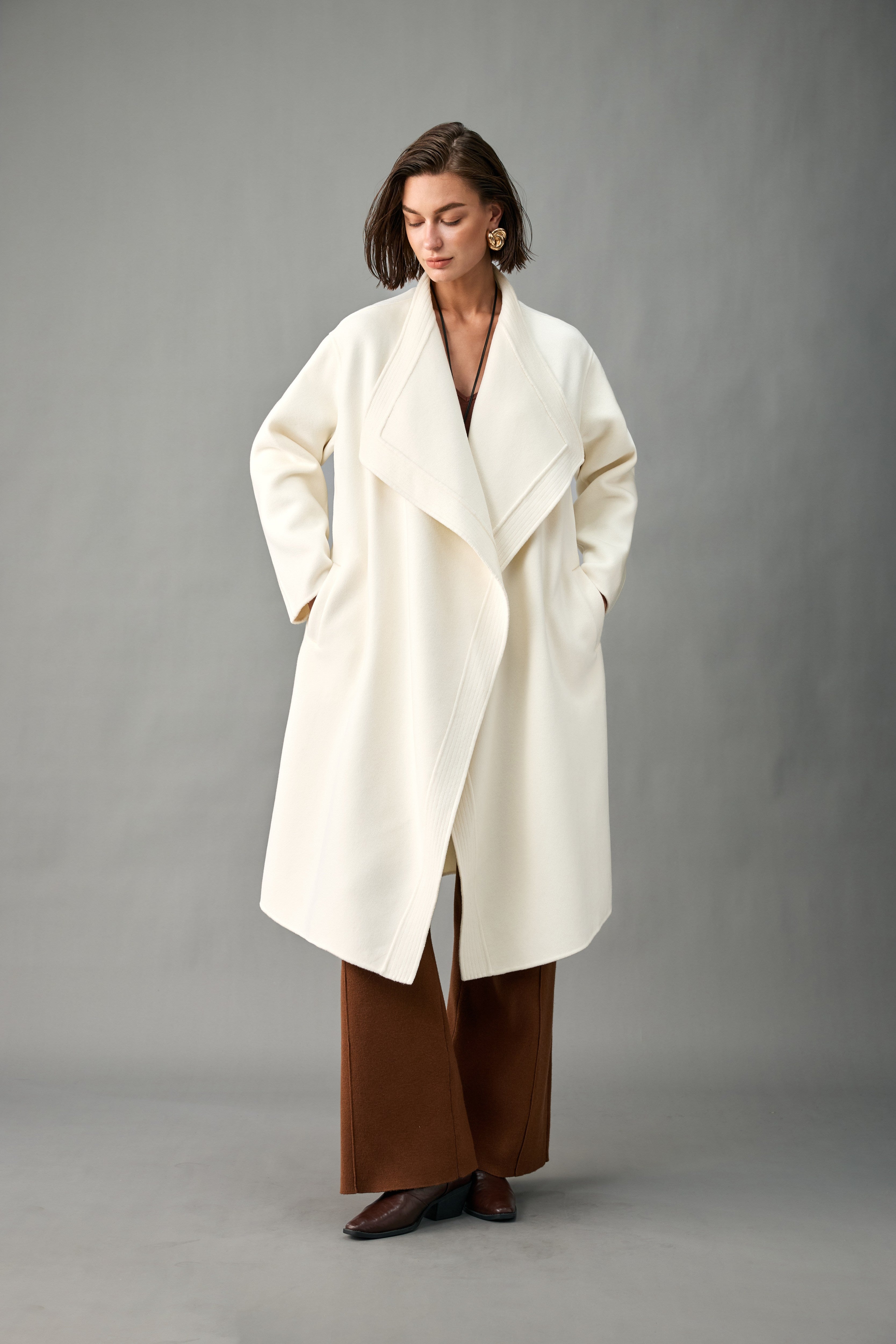 Women’s Cashmere-Wool Waterfall Lapel Longline Coat