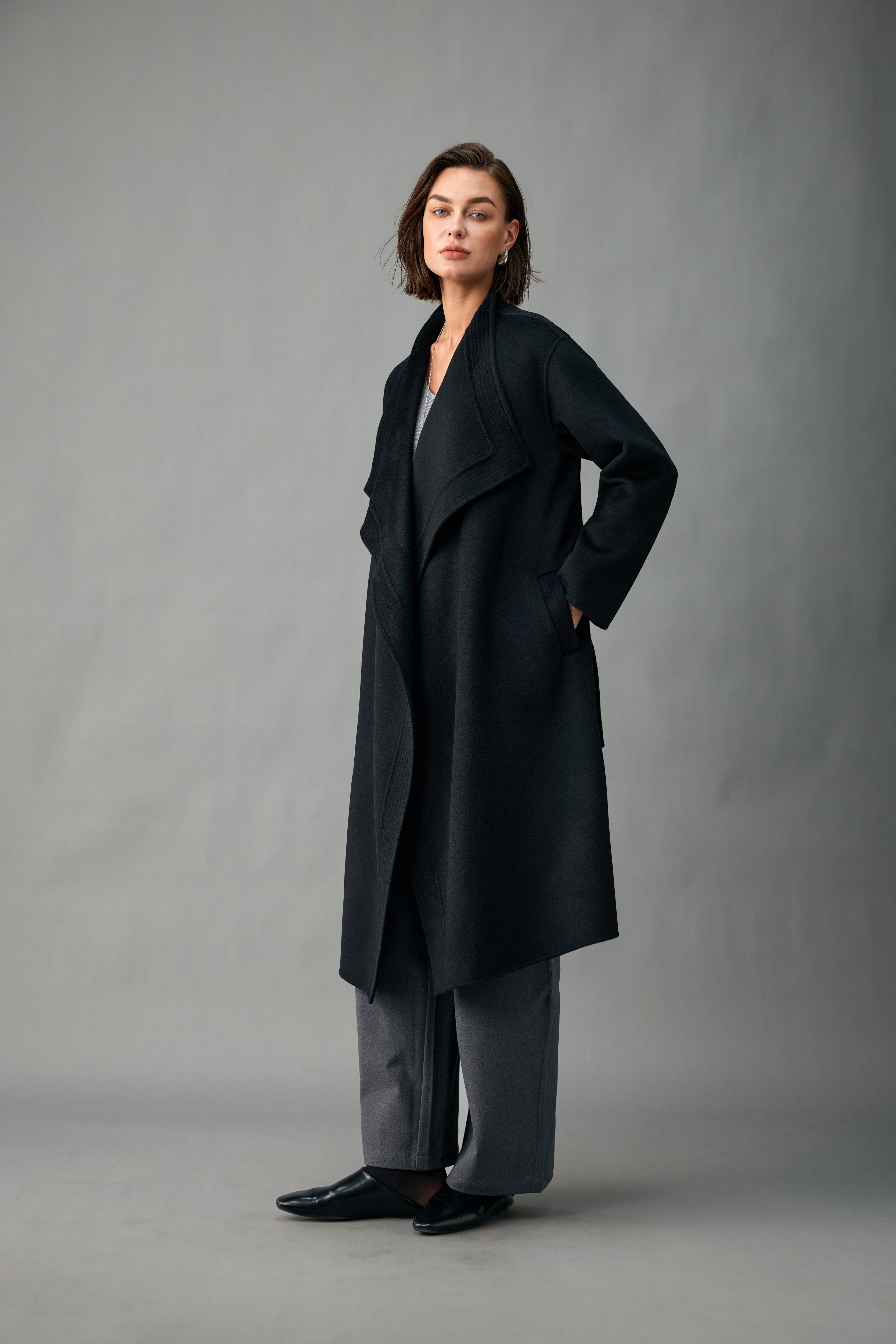 Women’s Cashmere-Wool Waterfall Lapel Longline Coat