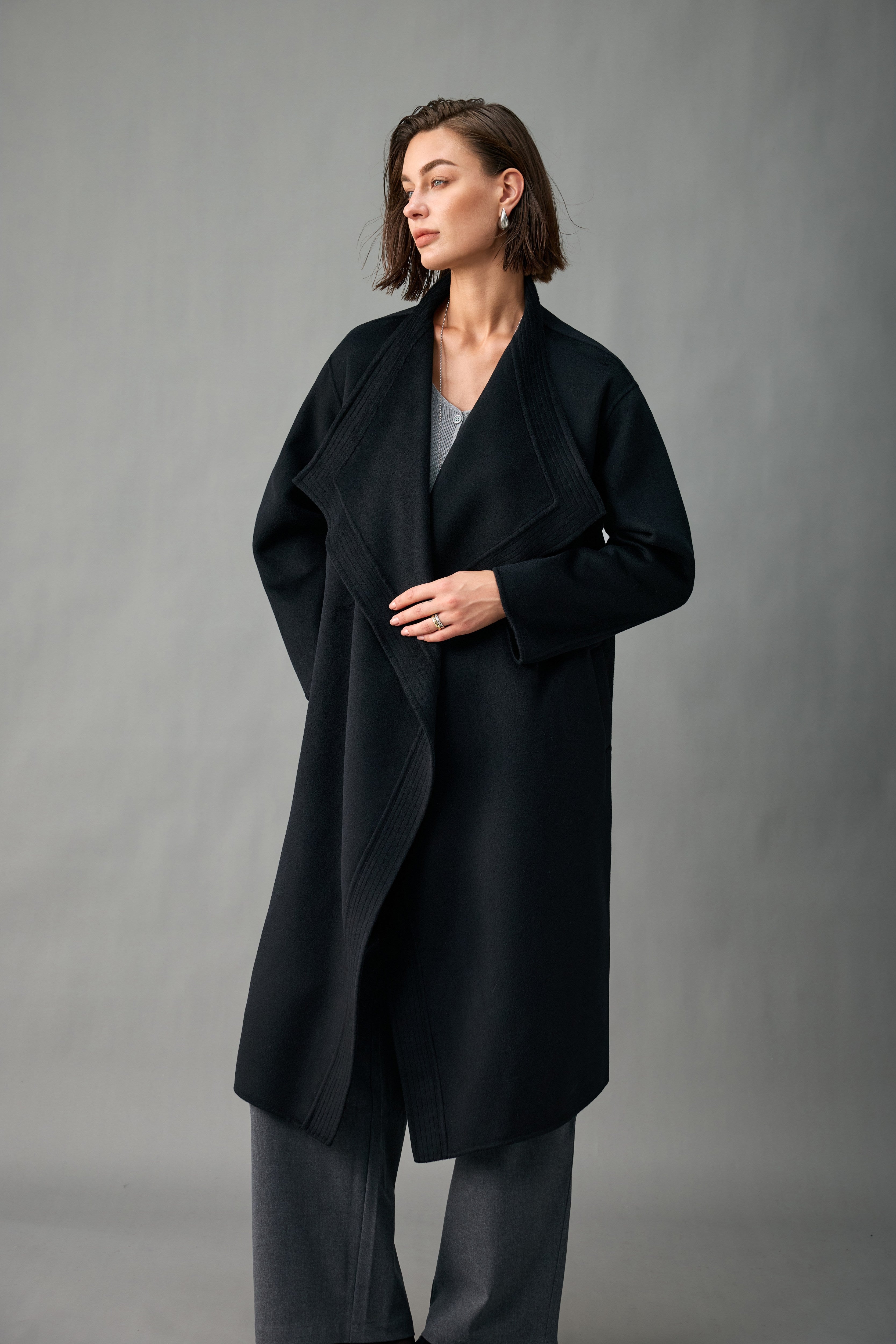Women’s Cashmere-Wool Waterfall Lapel Longline Coat