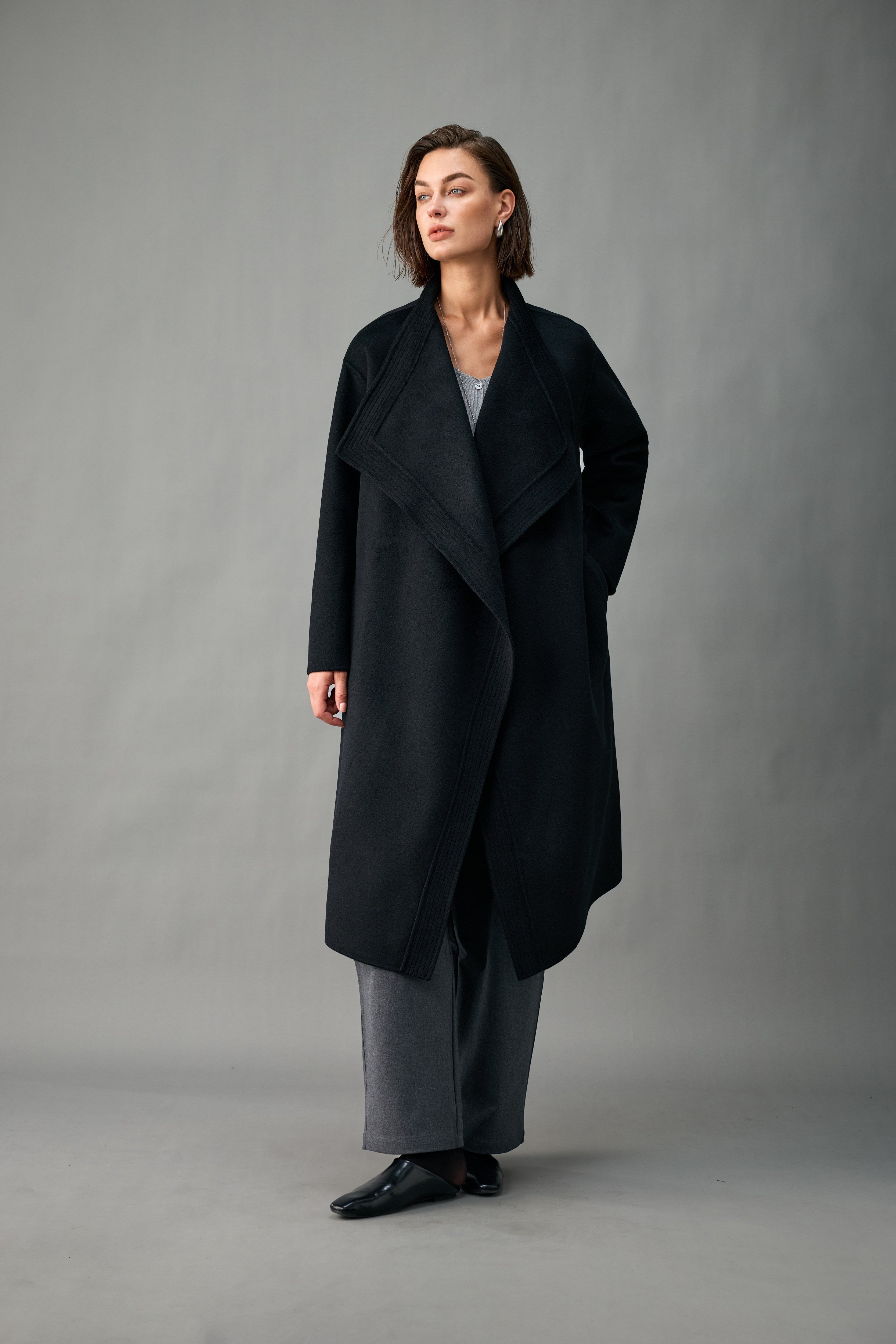 Women’s Cashmere-Wool Waterfall Lapel Longline Coat