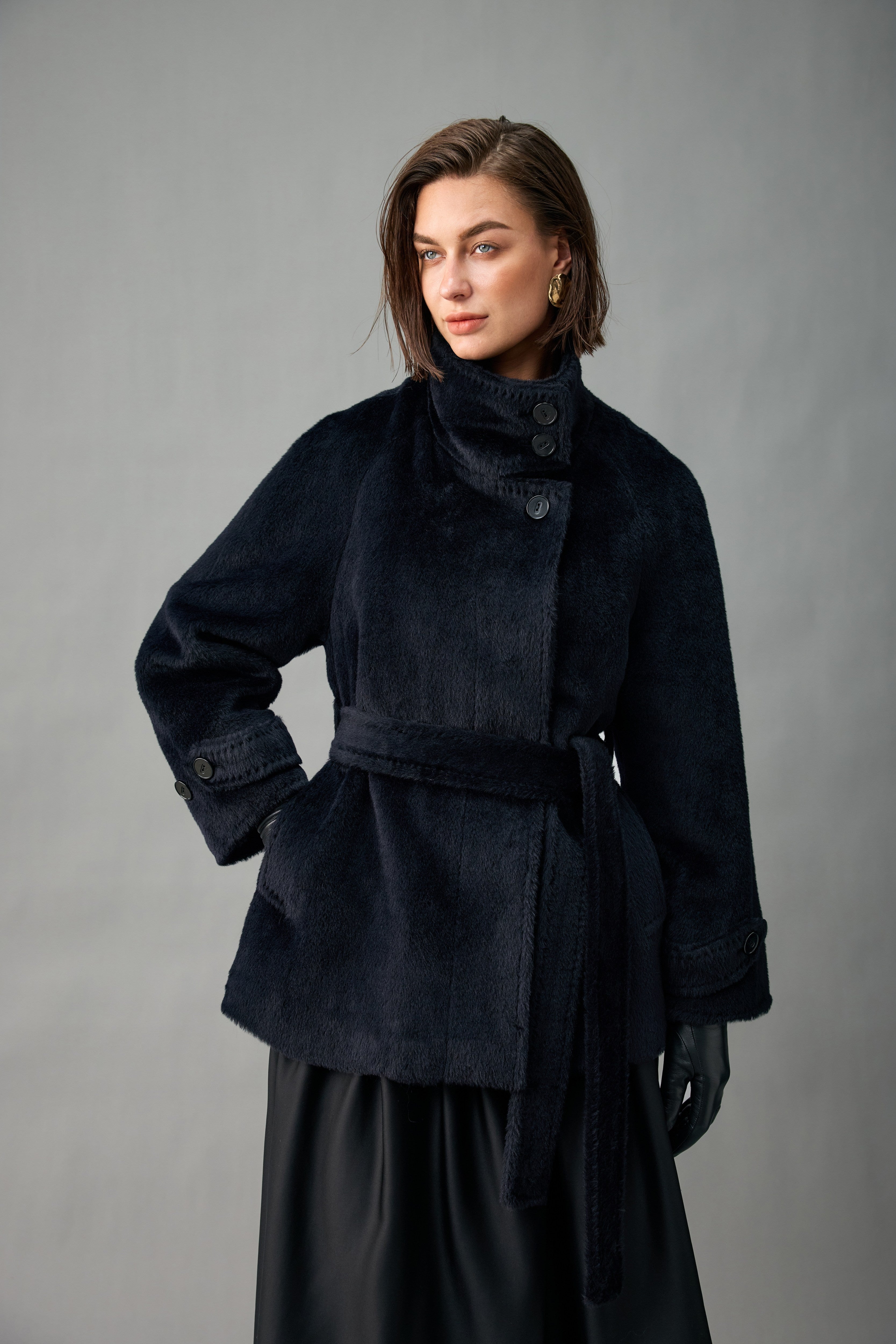 Belted Alpaca Blend Short Coat with Convertible Stand Collar