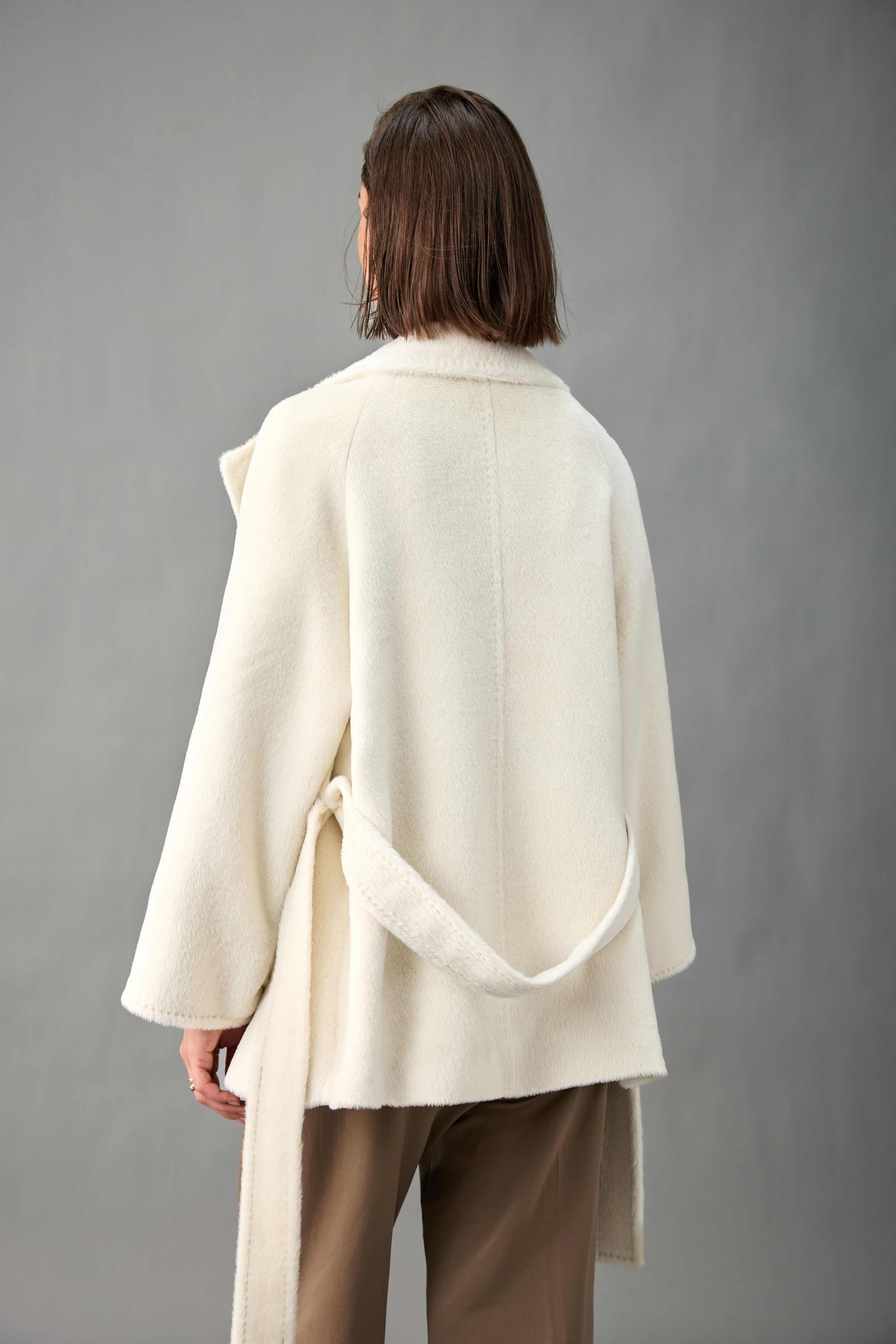 Belted Alpaca Blend Short Coat with Convertible Stand Collar