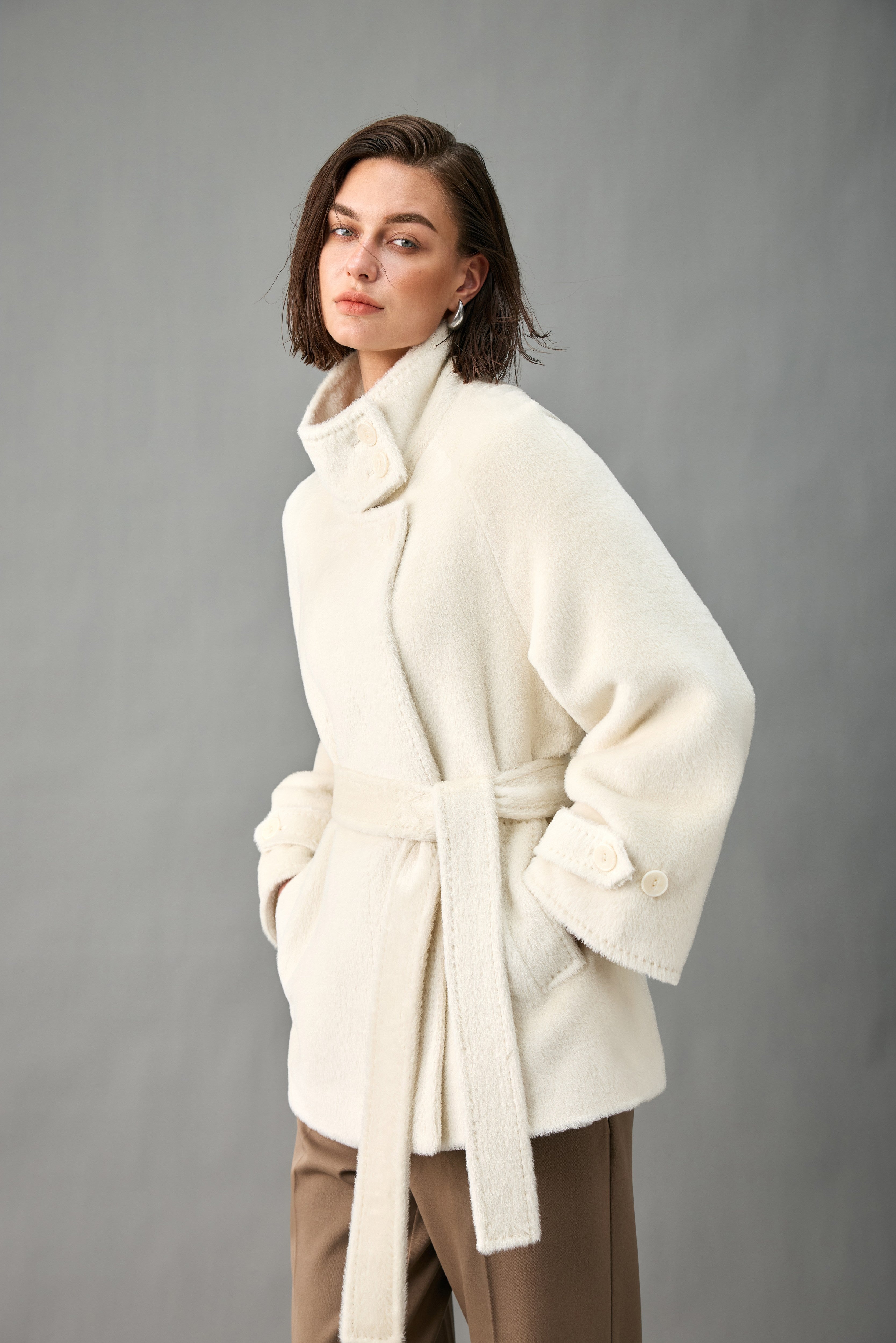 Belted Alpaca Blend Short Coat with Convertible Stand Collar