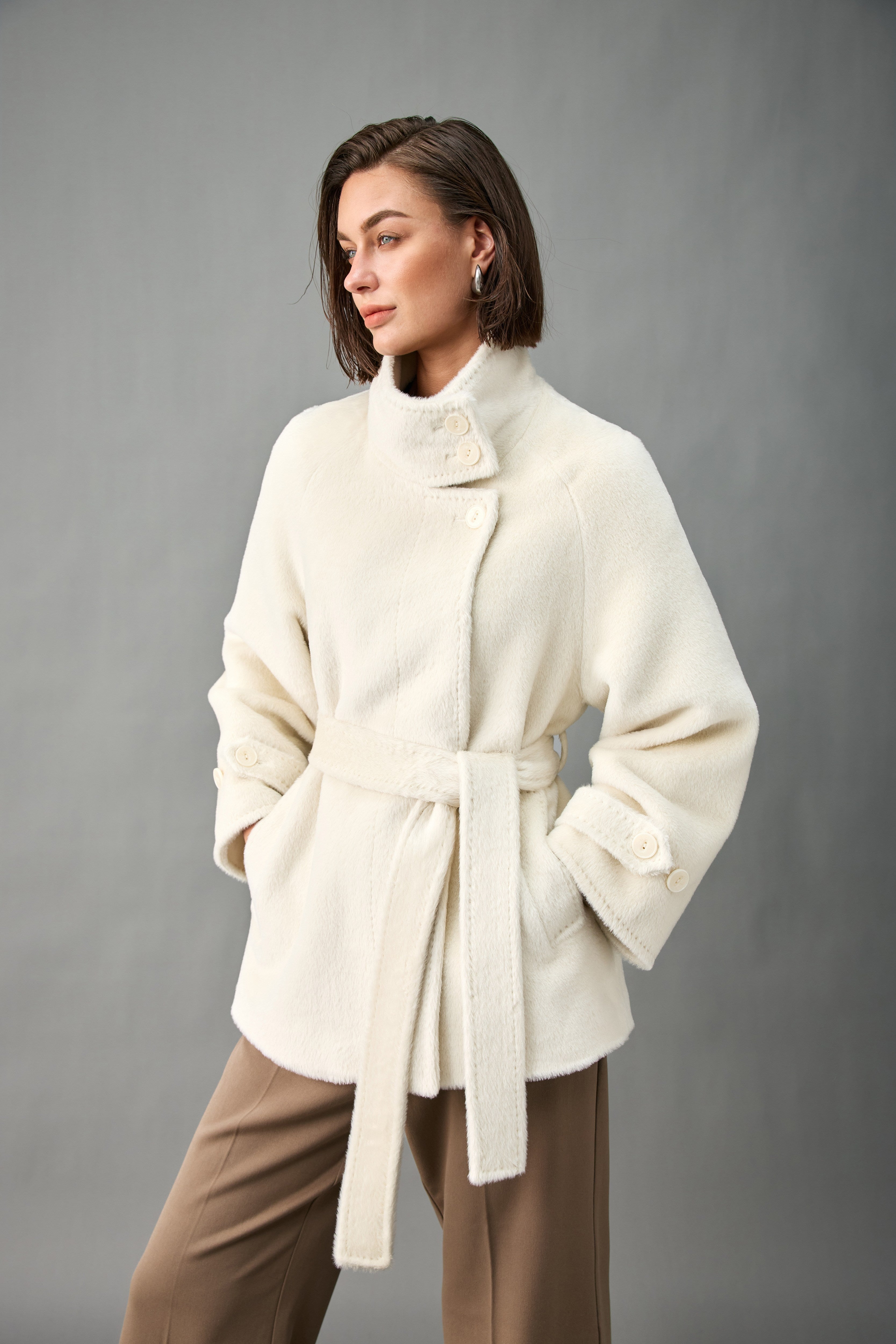 Belted Alpaca Blend Short Coat with Convertible Stand Collar