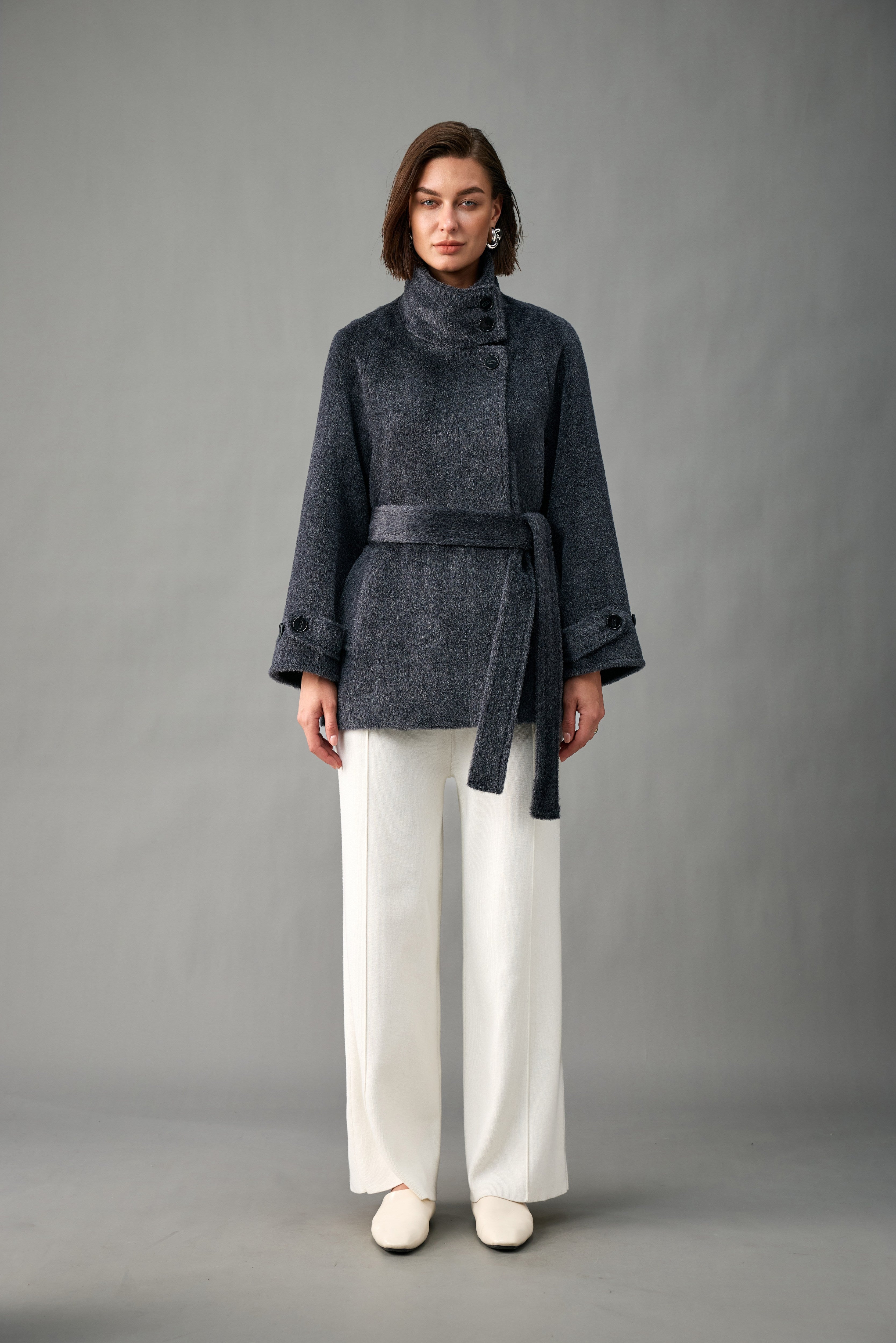Belted Alpaca Blend Short Coat with Convertible Stand Collar