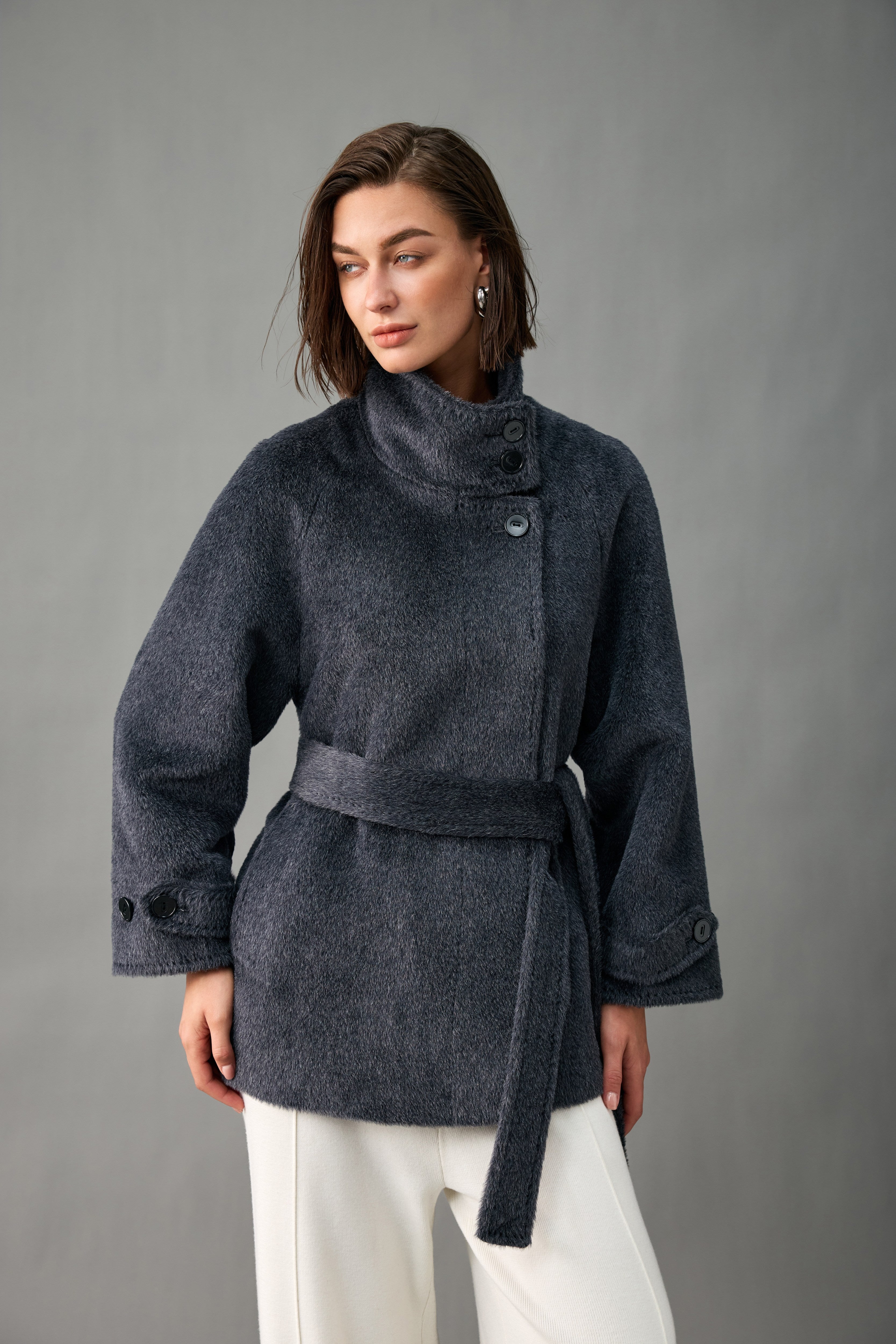 Belted Alpaca Blend Short Coat with Convertible Stand Collar