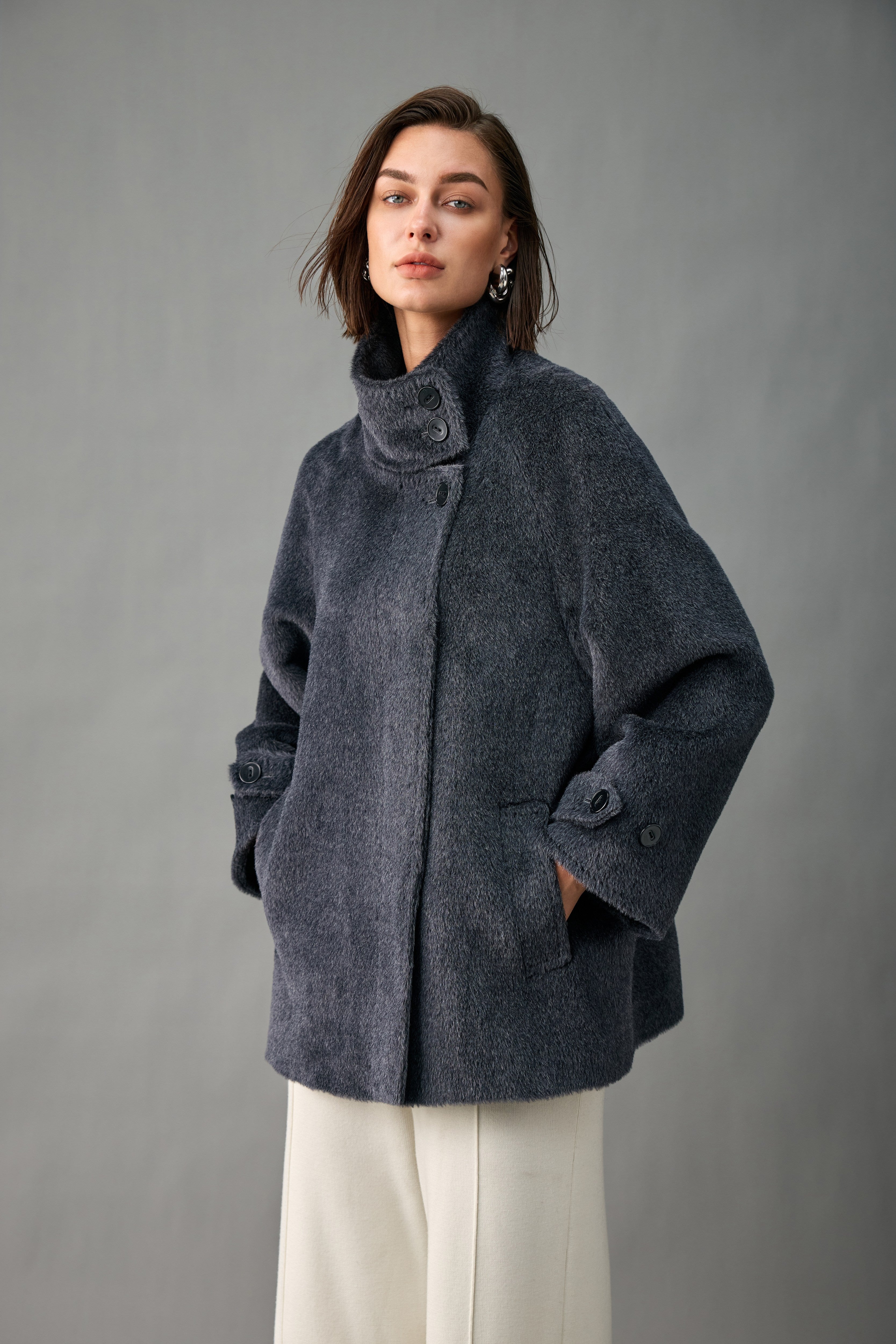 Belted Alpaca Blend Short Coat with Convertible Stand Collar