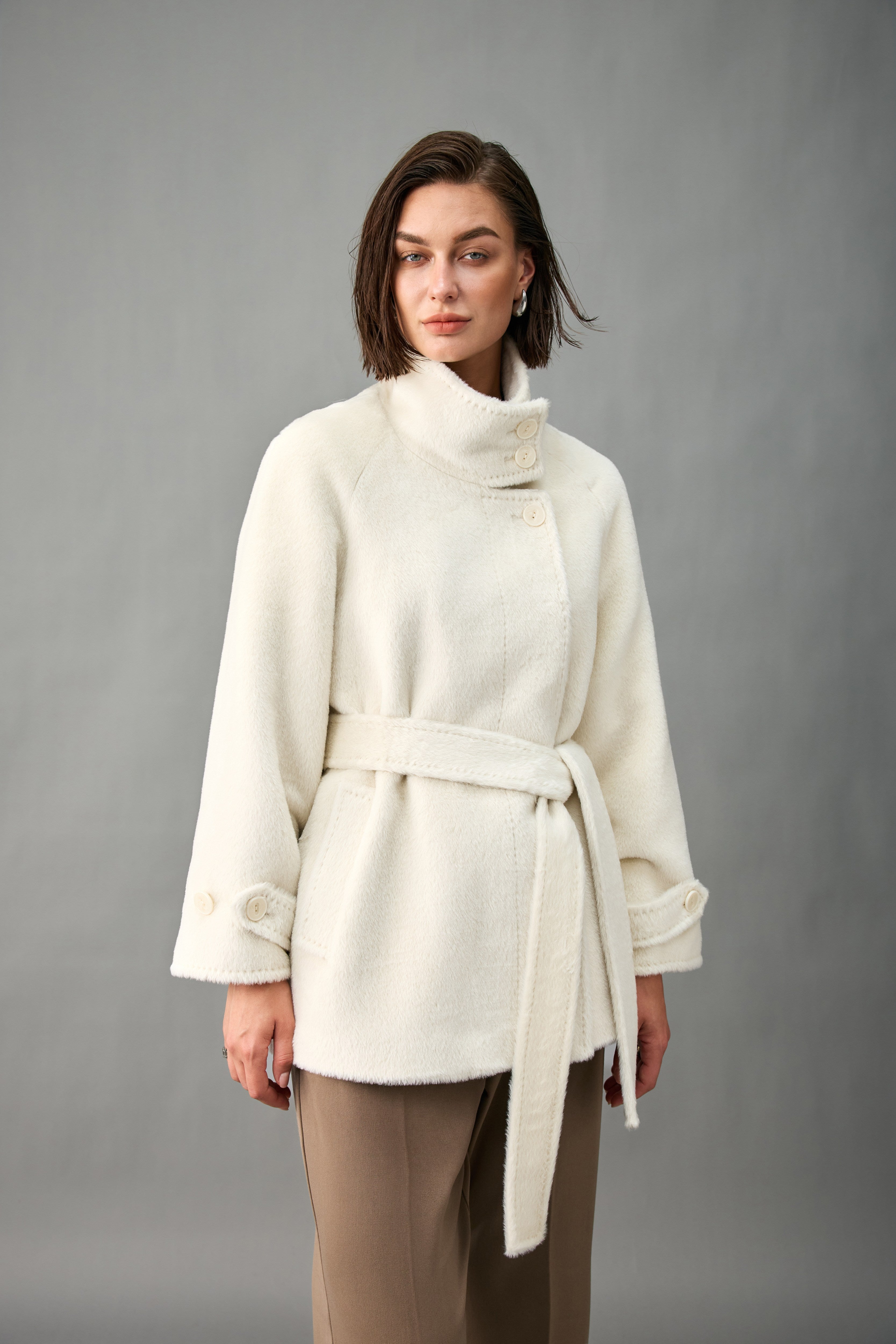 Belted Alpaca Blend Short Coat with Convertible Stand Collar