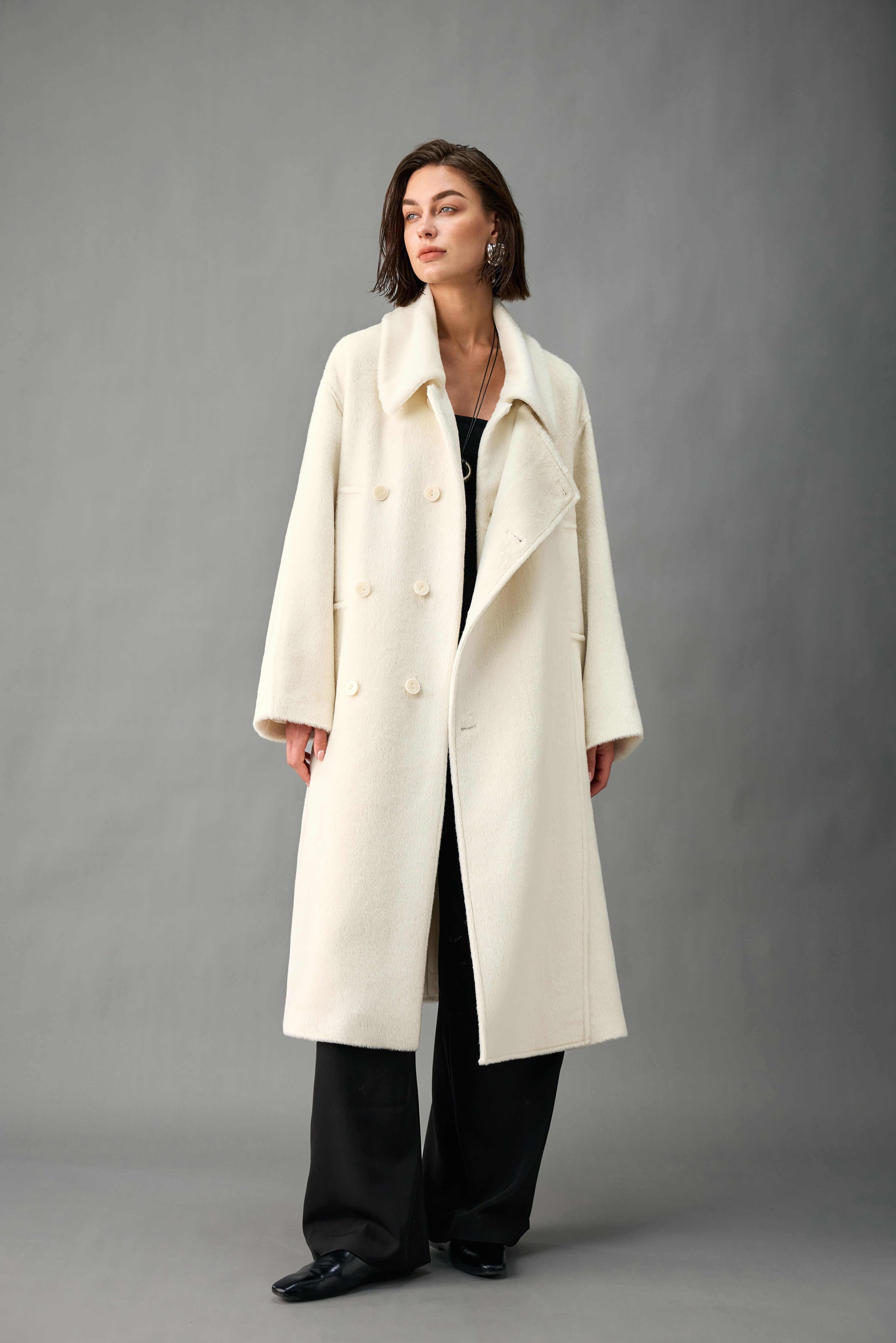 Convertible Collar Double-Breasted Alpaca-Wool Coat