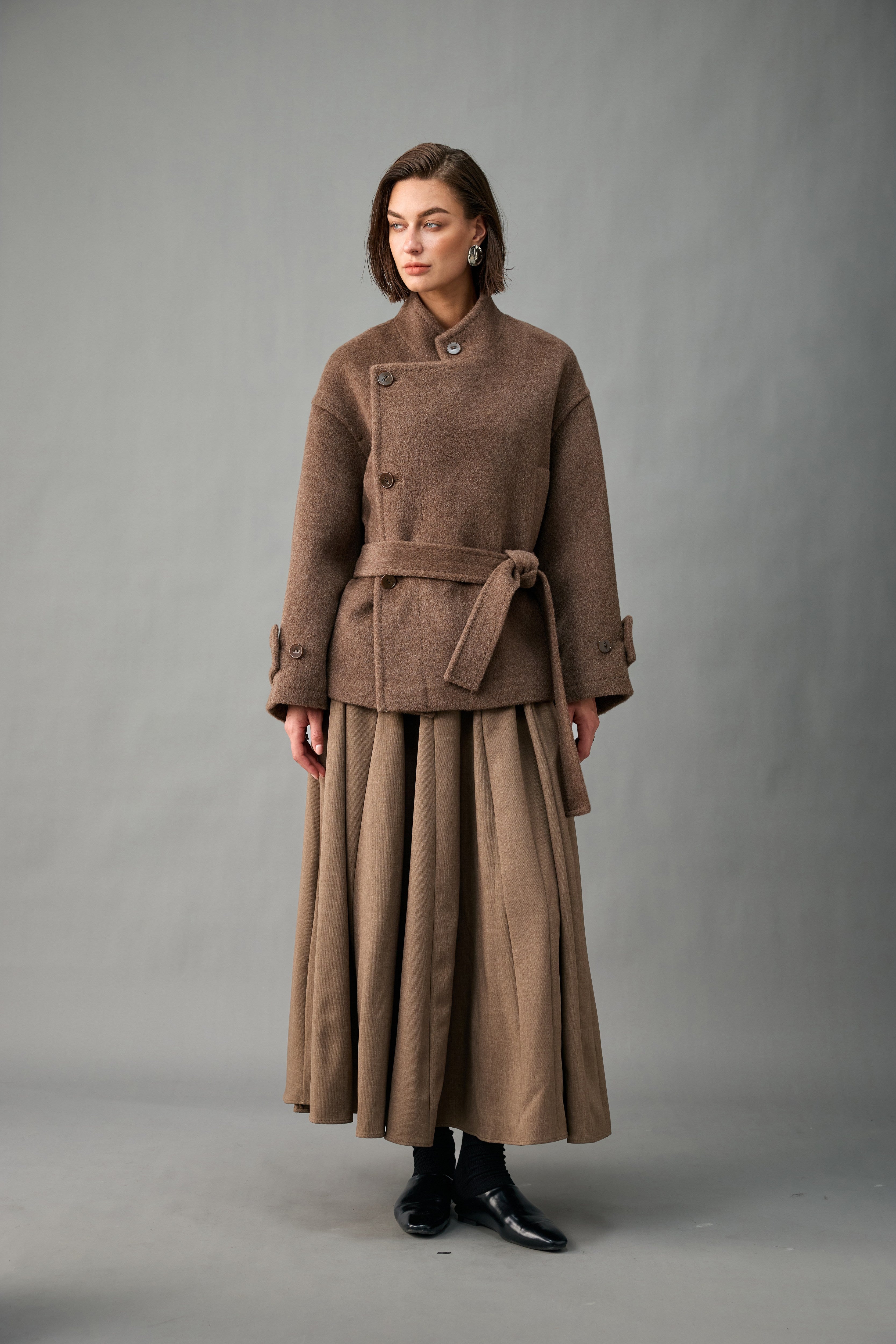 アシンメトリー丈 ベルト付き アルパカウールコート