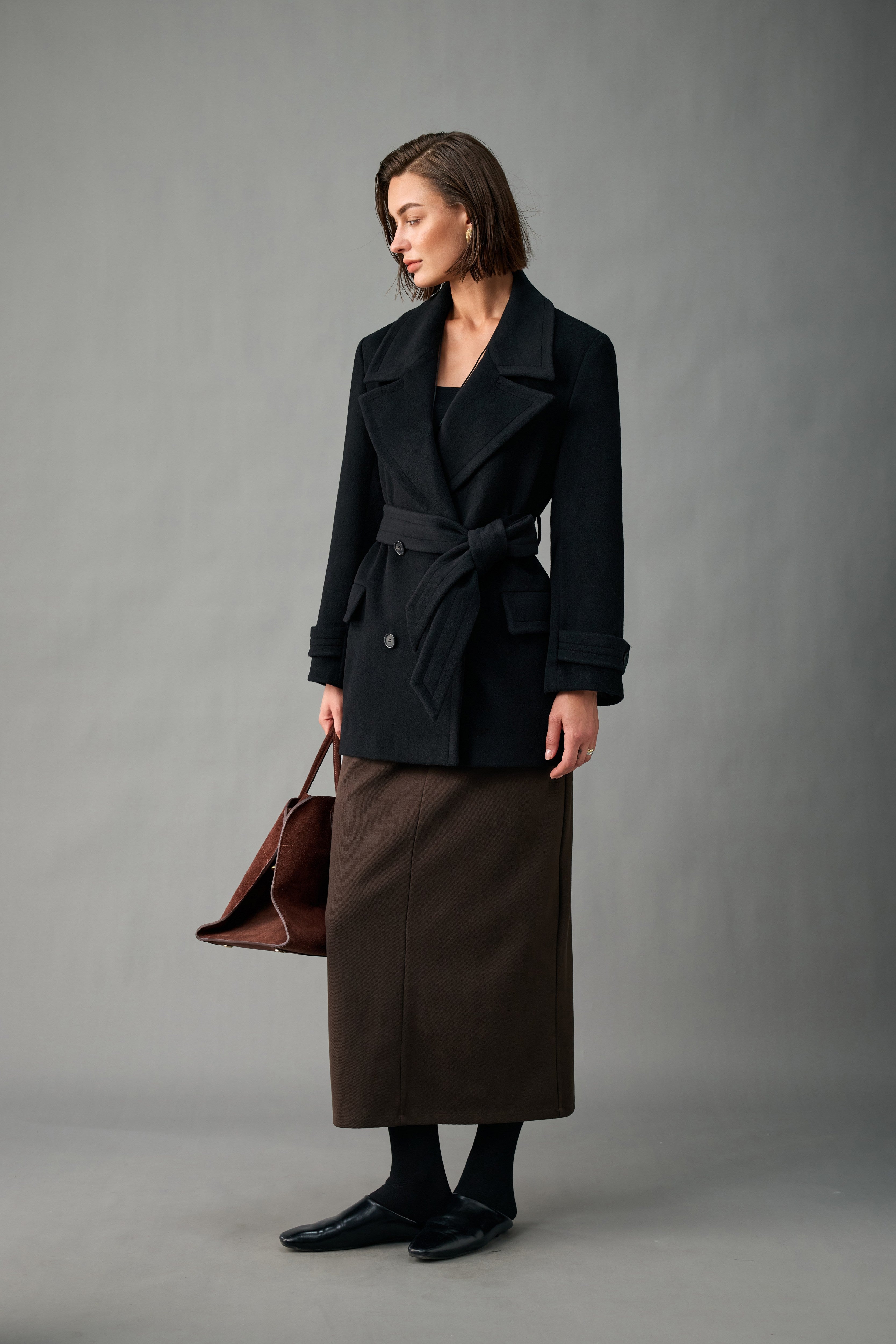 Belted Double-Breasted Cashmere Short Coat