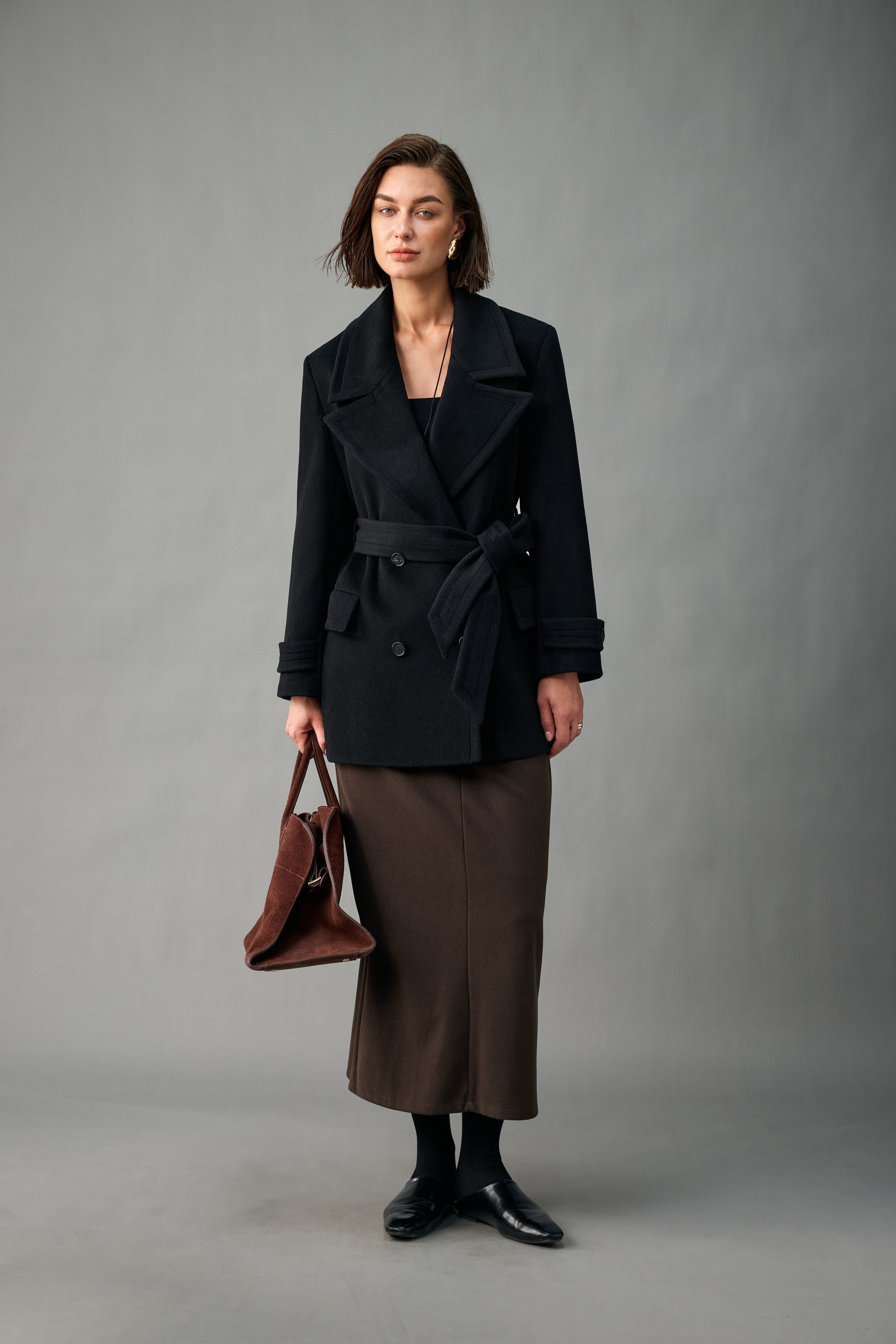 Belted Double-Breasted Cashmere Short Coat