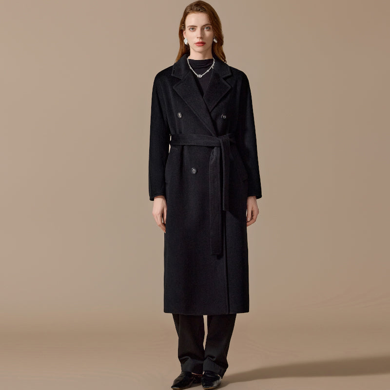 100% Cashmere Double-Breasted Belted Long Coat