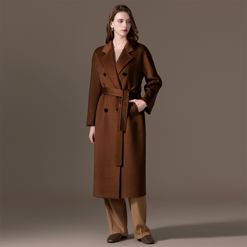 100% Cashmere Double-Breasted Belted Long Coat
