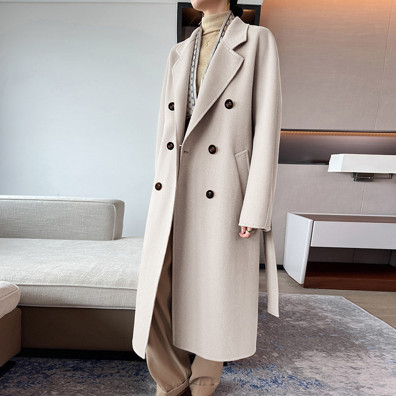 100% Cashmere Double-Breasted Belted Long Coat