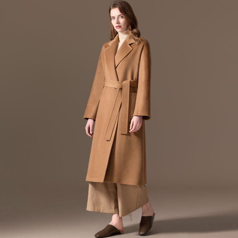 100% Cashmere Belted Long Coat with Notched Lapels