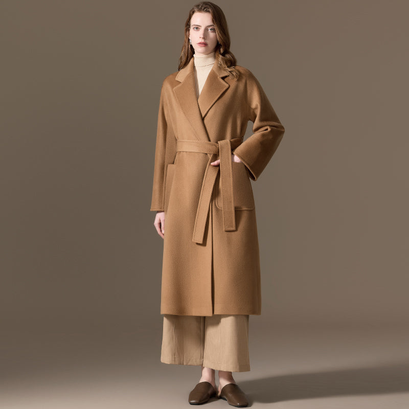 100% Cashmere Belted Long Coat with Notched Lapels