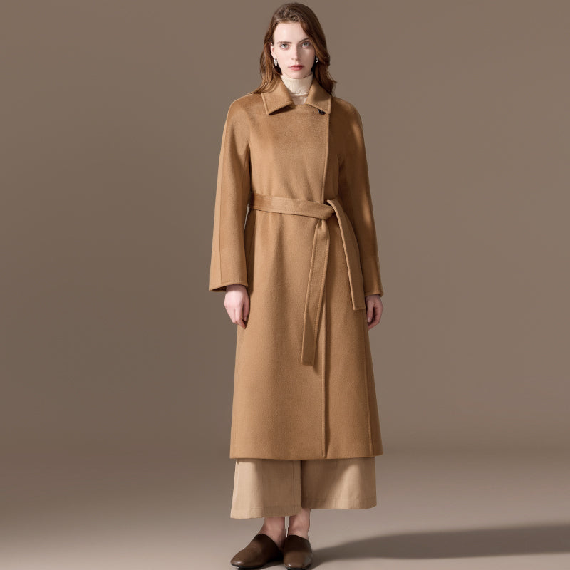 100% Cashmere Single-Button Belted Long Coat
